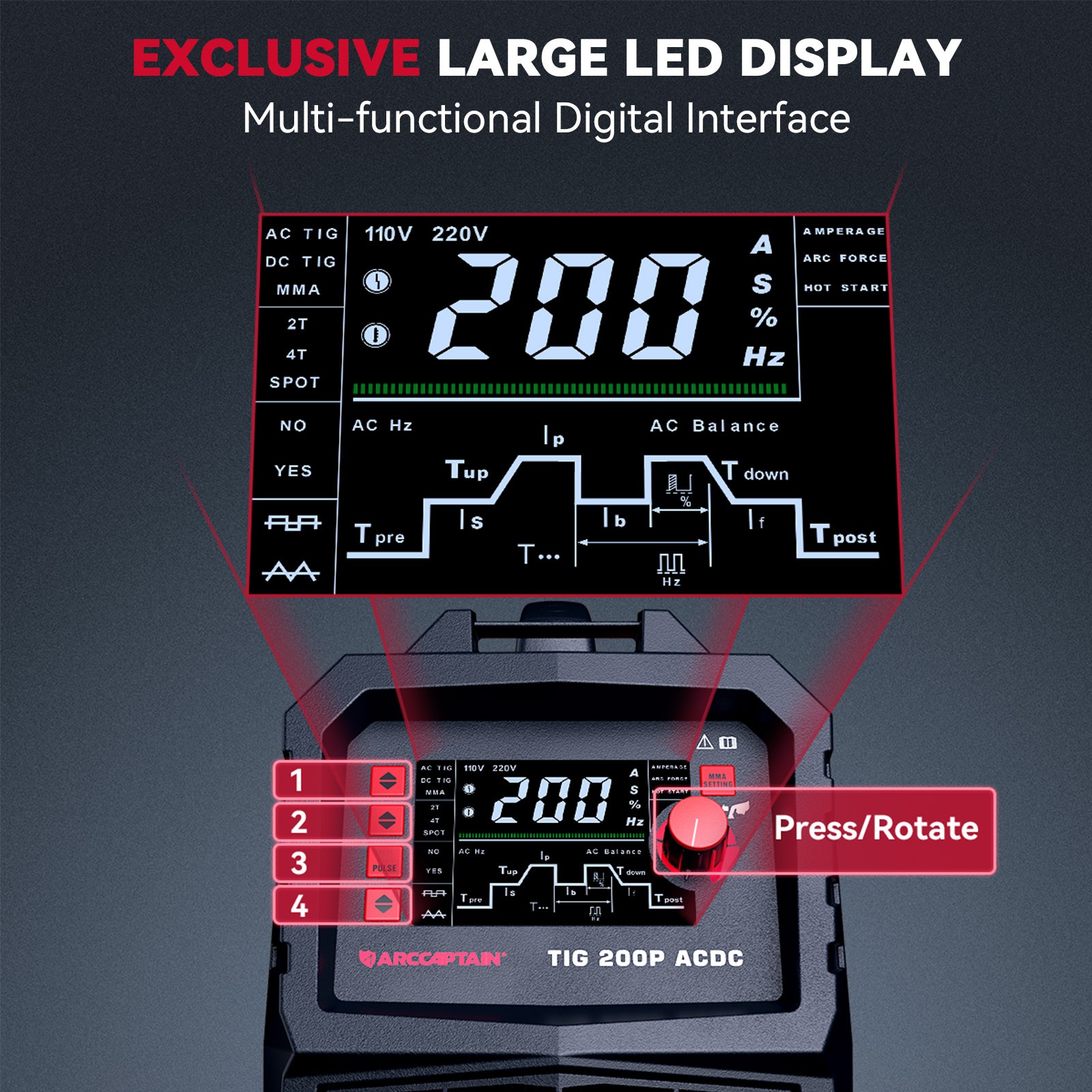 ARCCAPTAIN 7 in 1 TIG Welder 200A AC/DC Aluminum TIG Welder with Pulse 110V/220V