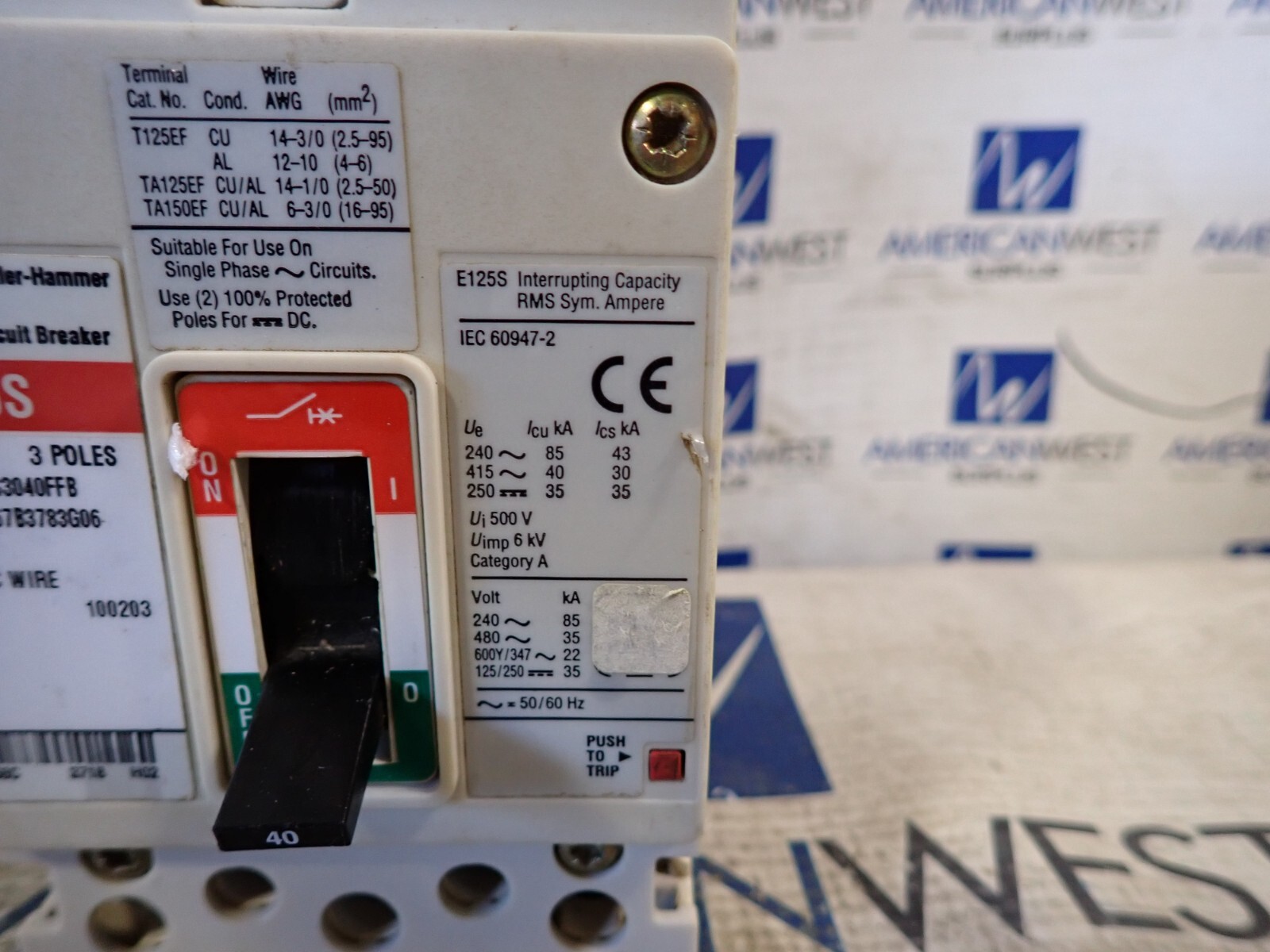 Cutler Hammer EGS3040FFB 40 Amp 35kA@480v Bolt-On Circuit Breaker – TESTED