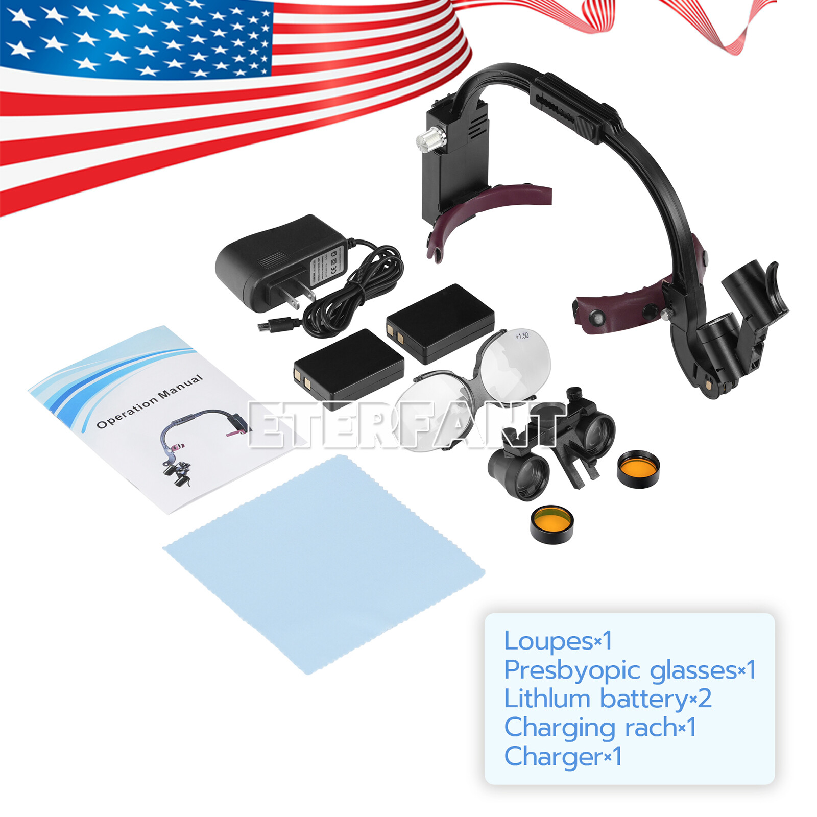 3.5X Dental Surgical Headband Binocular Loupes with 5W LED Head Light 2 Leds
