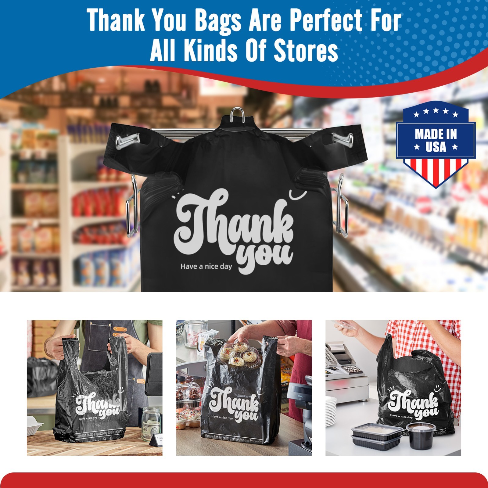 1000 Black Thank You T-Shirt Bags 12″ x 6.5″ x 21″ Plastic Grocery Shopping Bags