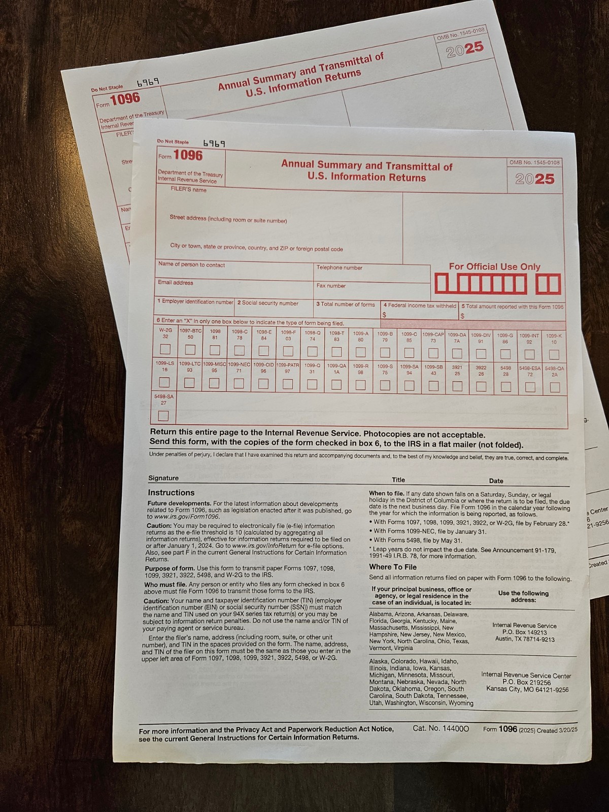 2025 IRS Tax Forms (2) 1096 Annual Summary and Transmittal