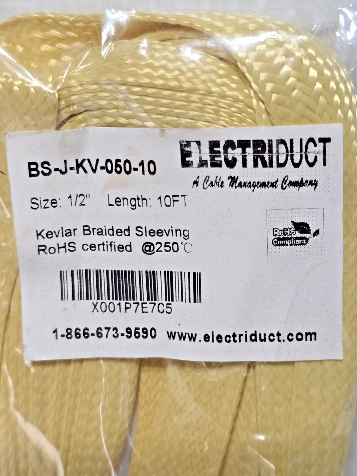 Electriduct KV Braided Sleeving 1/2″ x 10ft RoHS Certiied @250°c