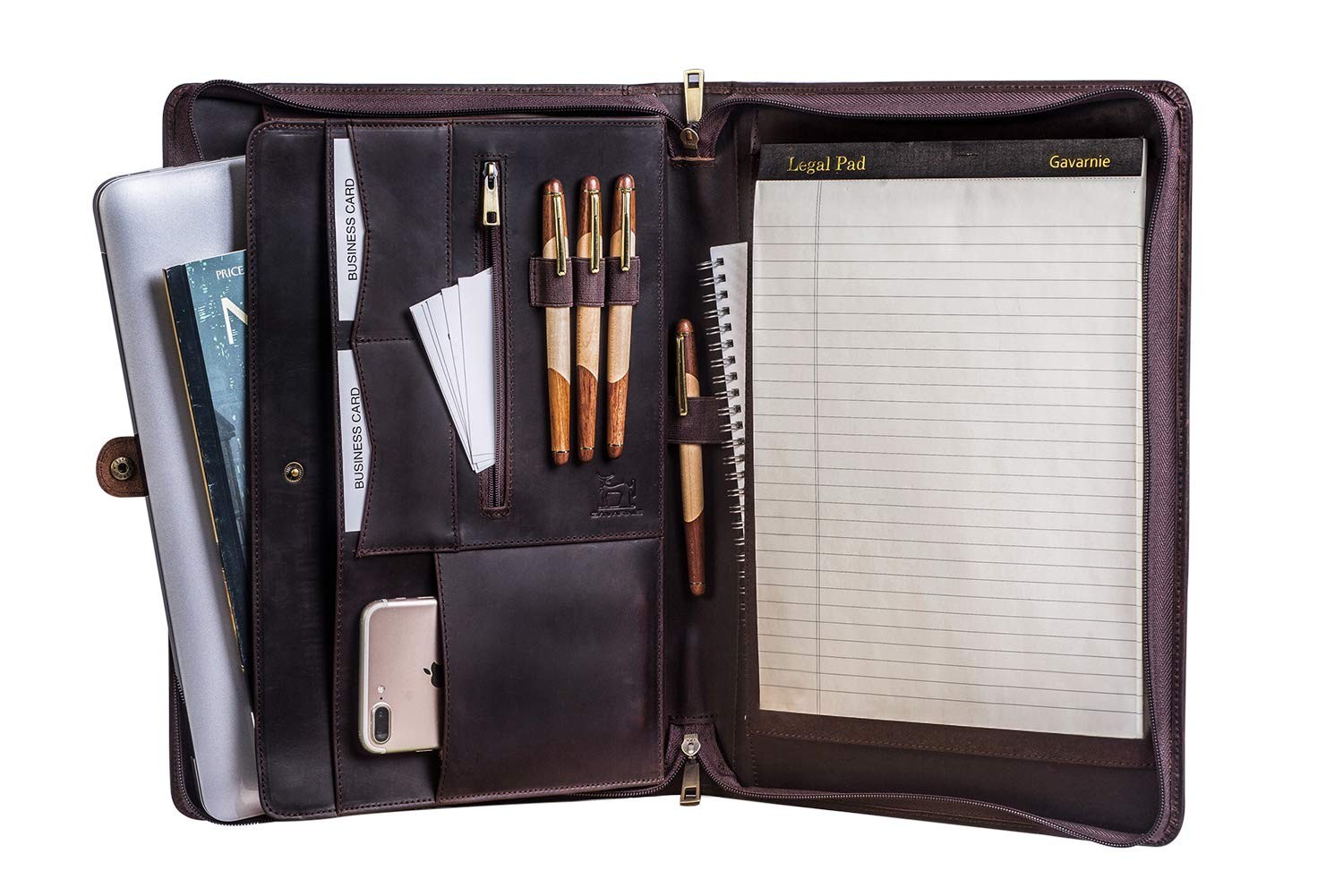 Leather Business Portfolio Padfolio with Zipper for 13″ Laptop & Notepad – Dark