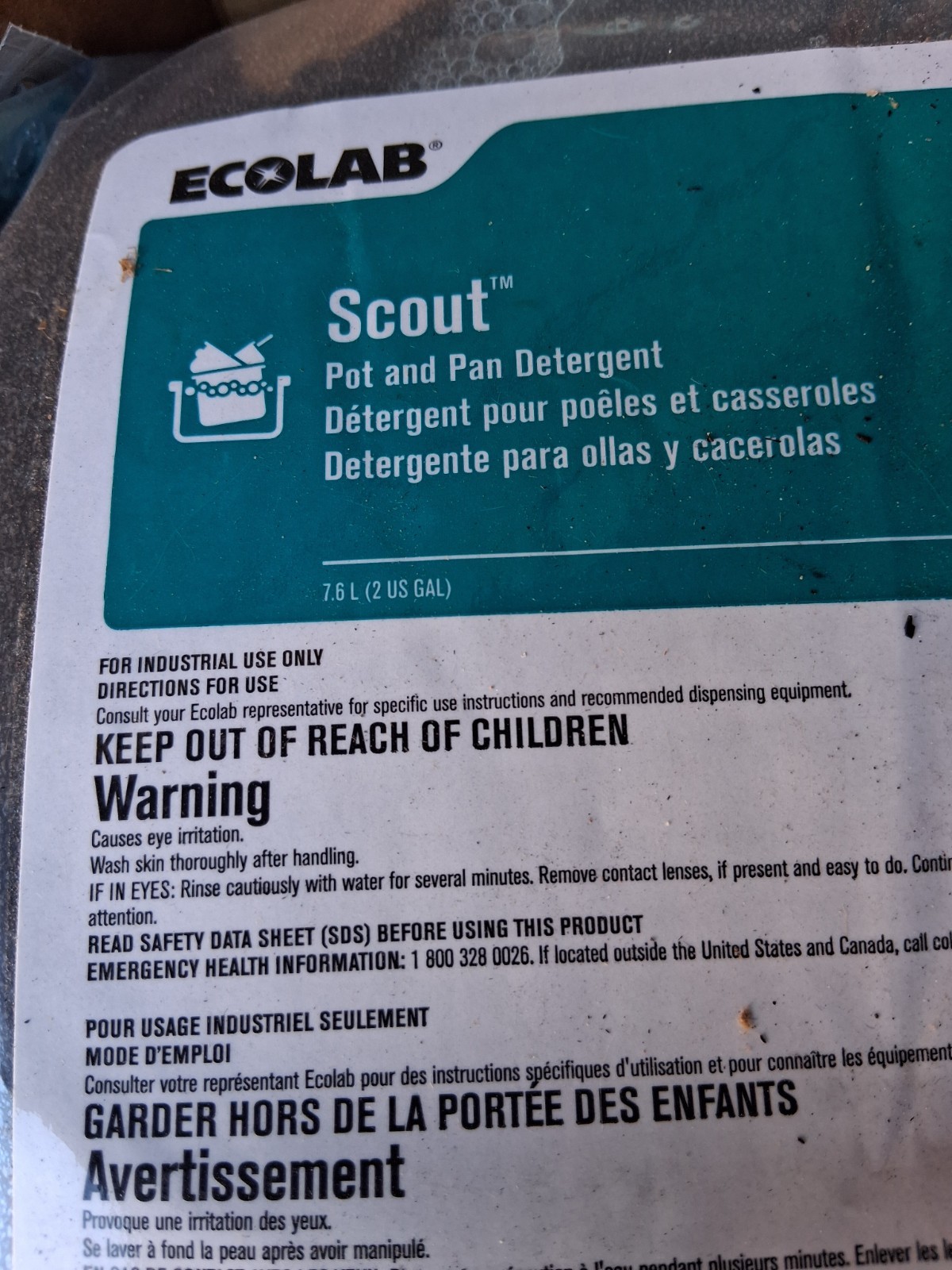 Ecolab Scout Pot & Pan Detergent, Unscented, 7.6 L (2 US gal), 6110906