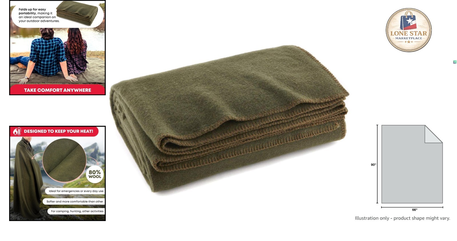 Olive Green Warm Fire Retardant Wool Blanket, 66″ x 90″ – Perfect for Camping