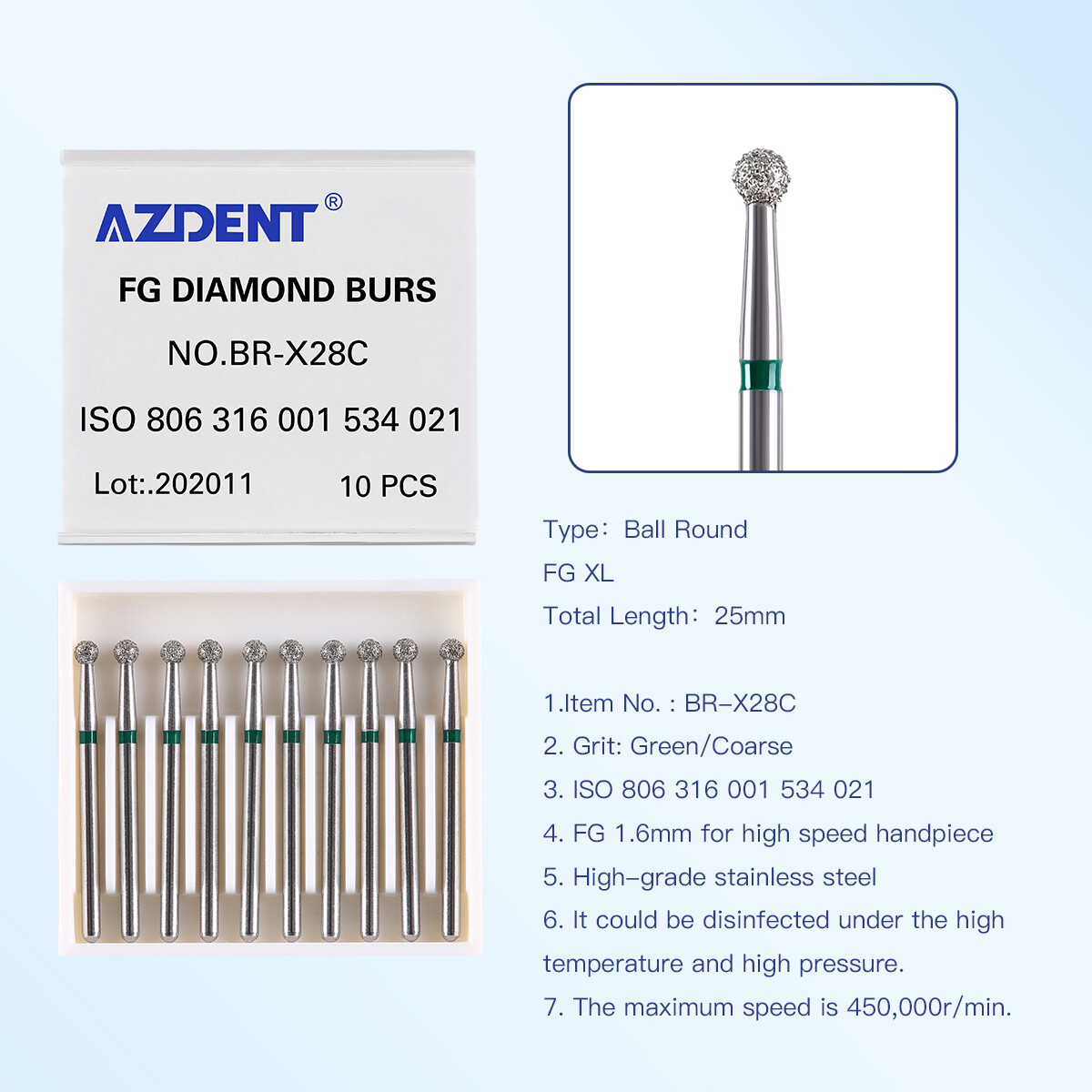 10Pcs AZDENT Dental Diamond Burs Ball Round For High Speed Handpiece FG 1.6mm
