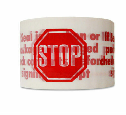 1-4-6-12-24-48 Rolls 3″ x 110 White Stop Sign Printed Warning Packing Tape 2 Mil