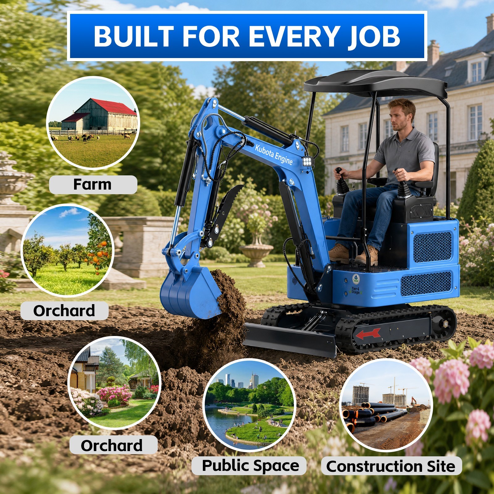 1.8 Ton Mini Excavator 4000lbs KUBOTA Twin Cylinder Diesel Engine Crawler Digger