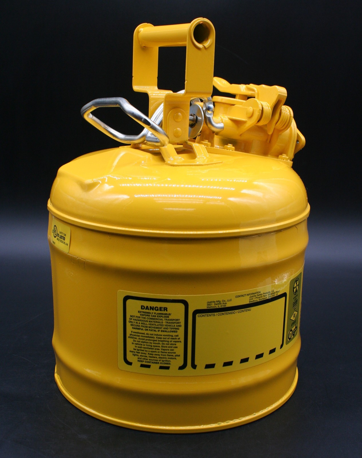 One (1) JUSTRITE 7220220 (ULINE H-1849Y) Safety Can, 2-Gallon, Yellow, Diesel