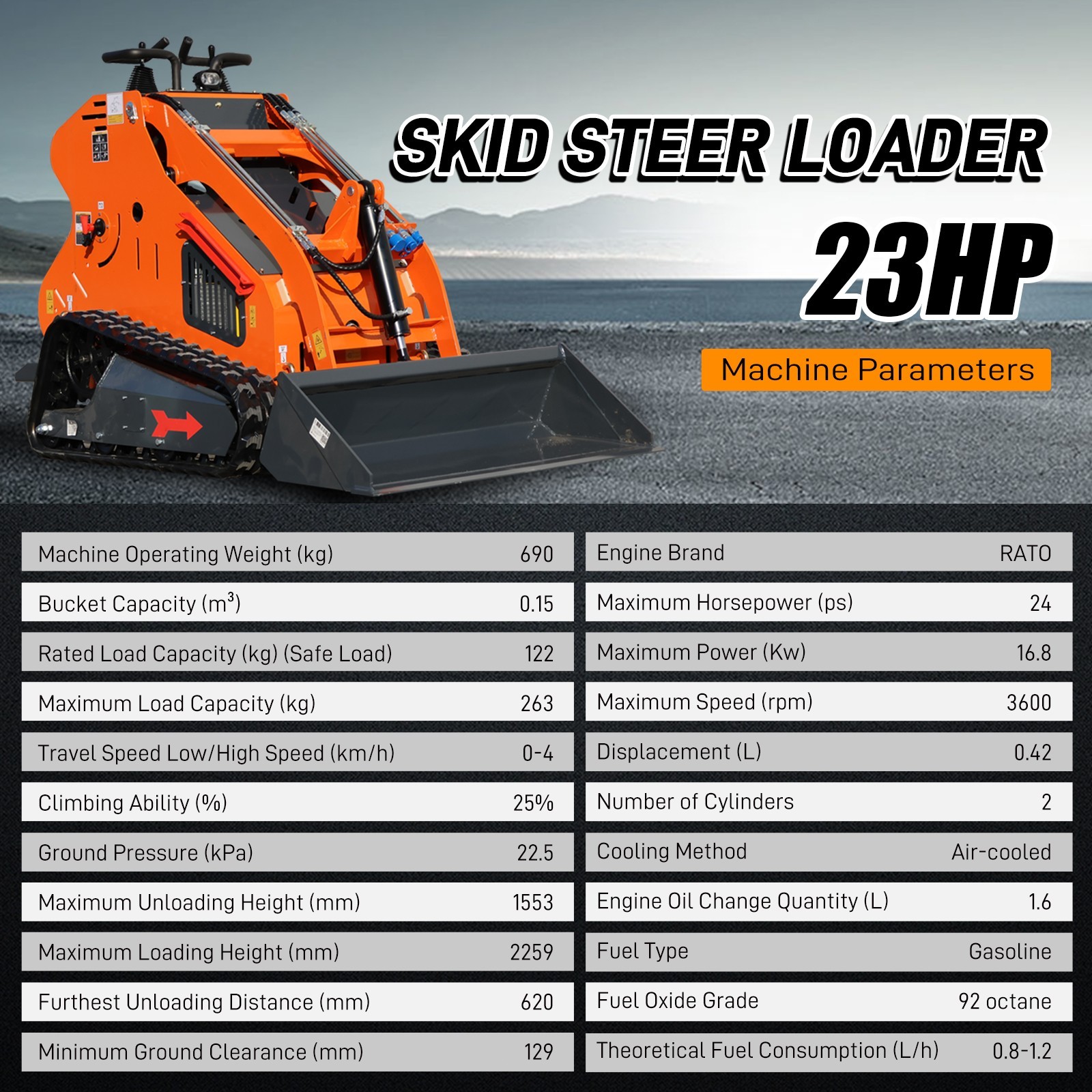 24HP Mini Track Skid Steer Loader, RATO 2-Cylinder Engine, 3-Pump Hydraulic Syst
