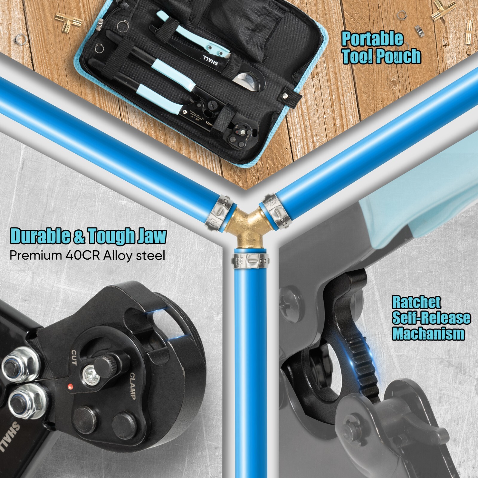 SHALL 2-IN-1 Pex Crimping Clamp Cinch & Remove Tool with Pipe Hose Cutter
