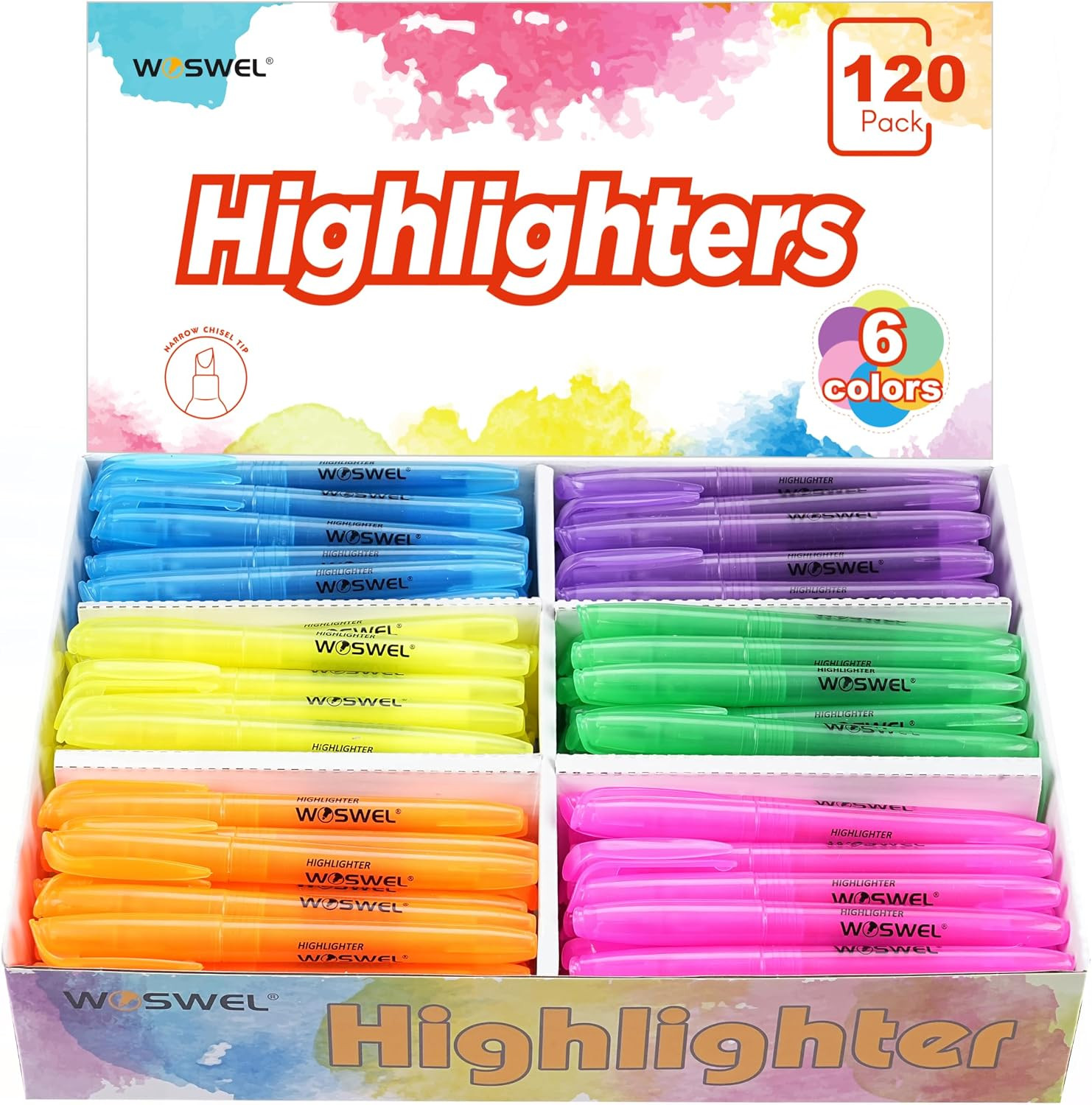 Highlighters Bulk, 120 Pack 6 Assorted Colors No Bleed Chisel Tip Highlighter Ma