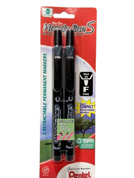 NEW 2-PK Pentel Handy-line S Retractable Refillable Permanent Marker BLACK Fine