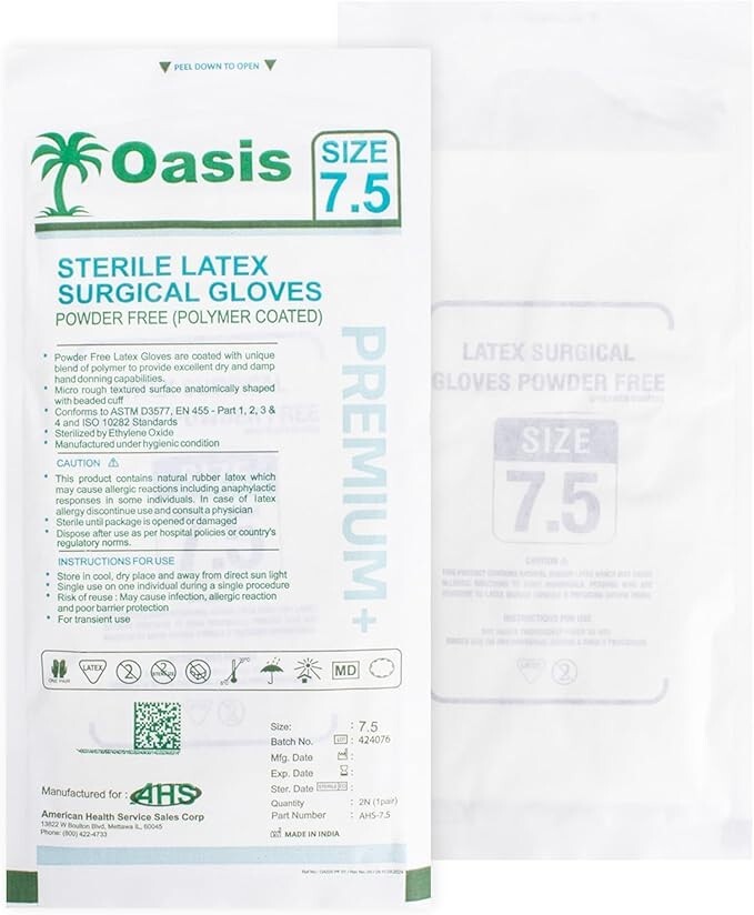 Sterile Latex Surgical Gloves, Size 7.5, Powder-Free, 50 Pairs/Box