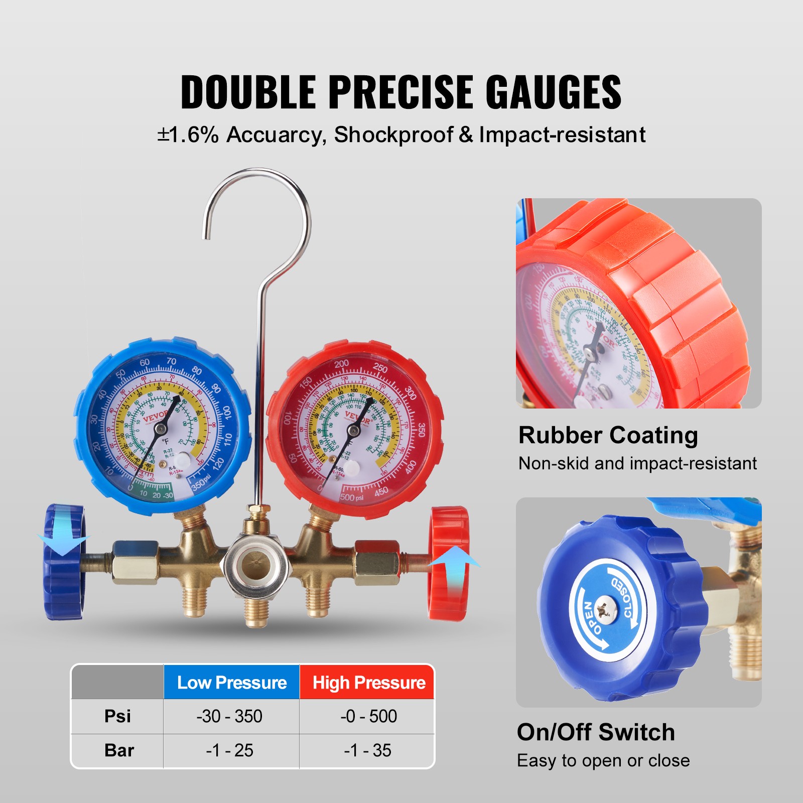 VEVOR AC Manifold Gauge Set 3-Way Fit R134A R12 R502 Refrigeration Charging
