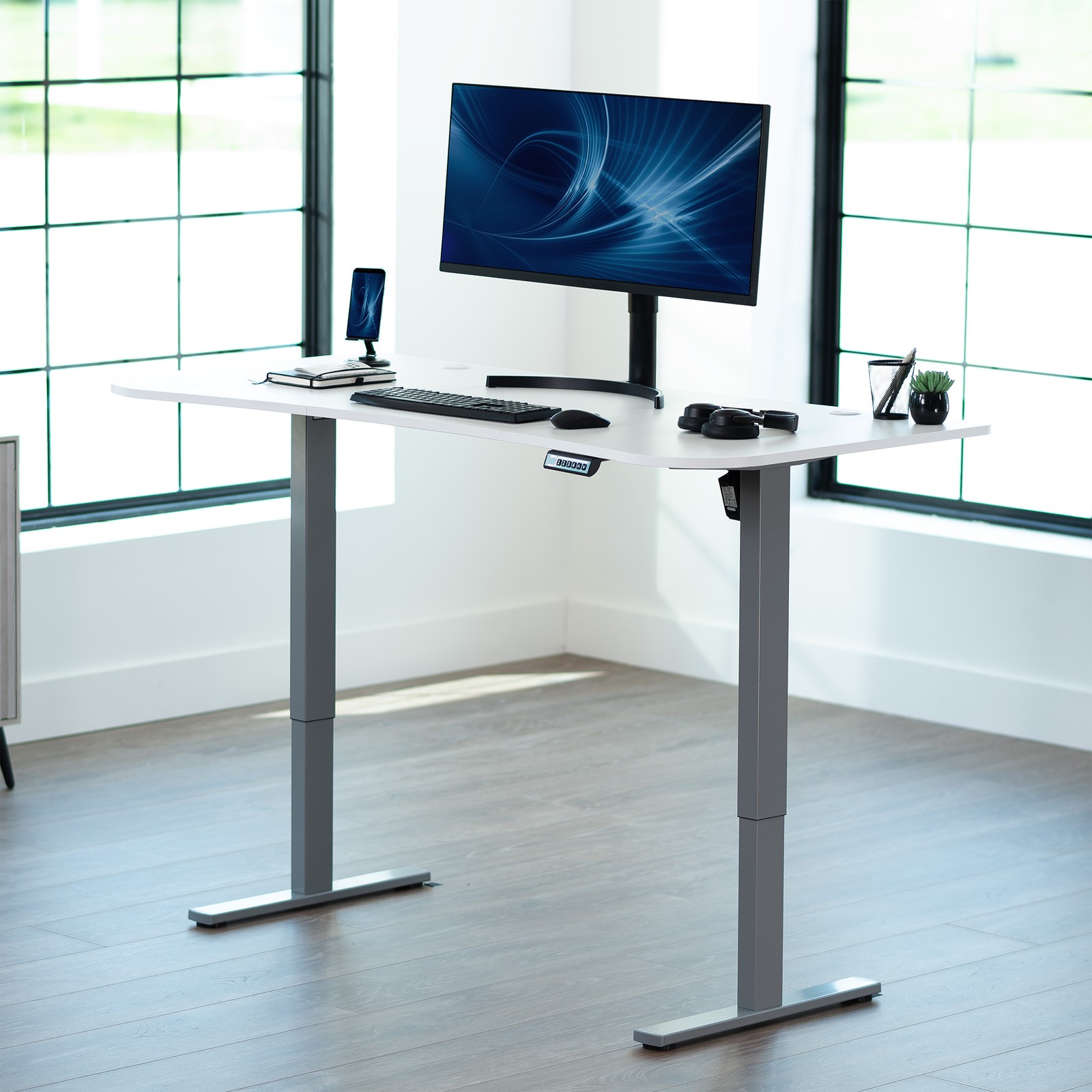 VIVO Electric 63” x 32” Stand Up Desk, White Table Top, Gray Frame