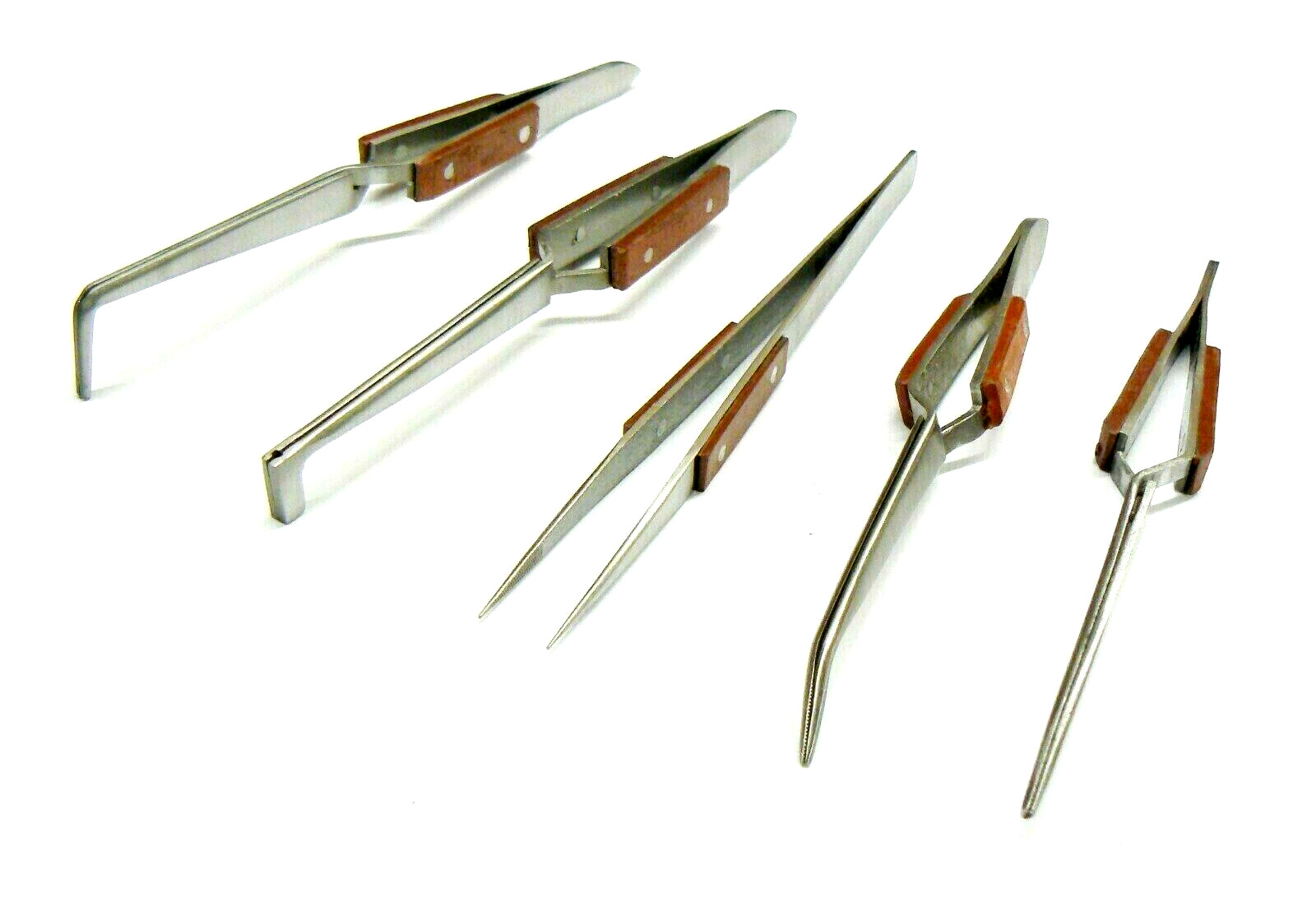 5 Tweezers Jewelry Soldering Fiber Grip Cross Locking Set Bent & Straight Tip