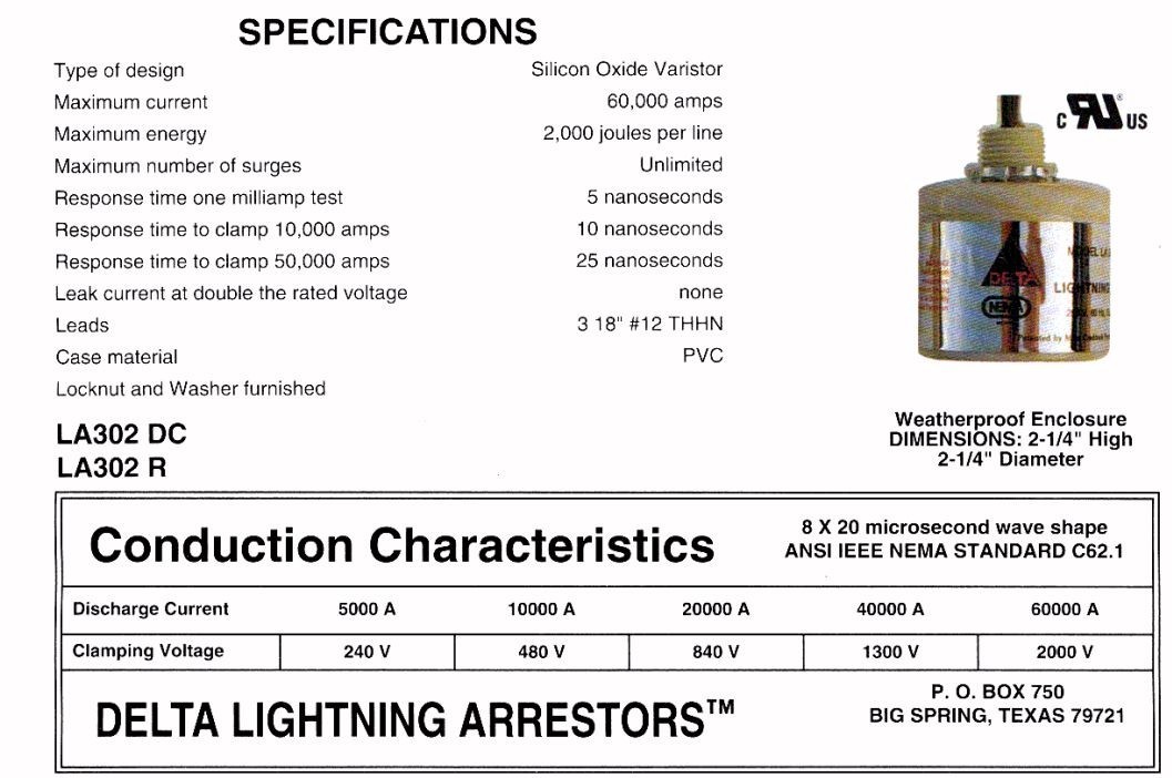 Delta Lighting Arrestor LA 302 DC for alternative energy systems up to 250 Vdc