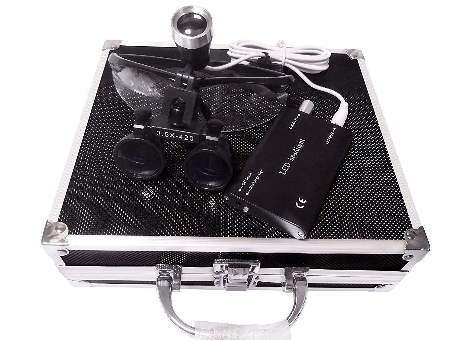 Dental 3.5X Binocular Loupes + 3W LED Head Light + Aluminum Box Black US STOCK