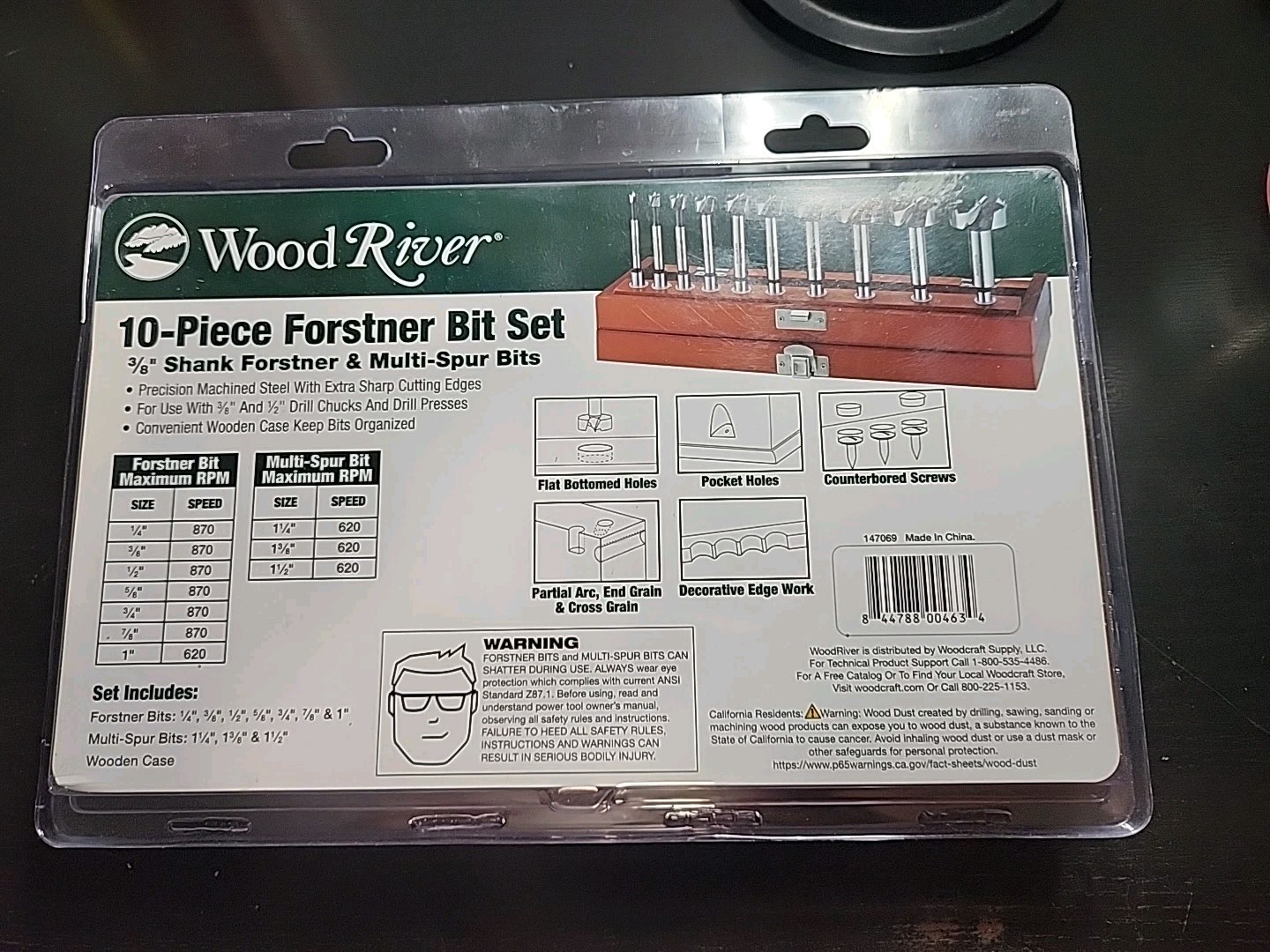 NIB Wood River 147069 10 Piece Forstner & Multi-spur Bit Set 3/8″