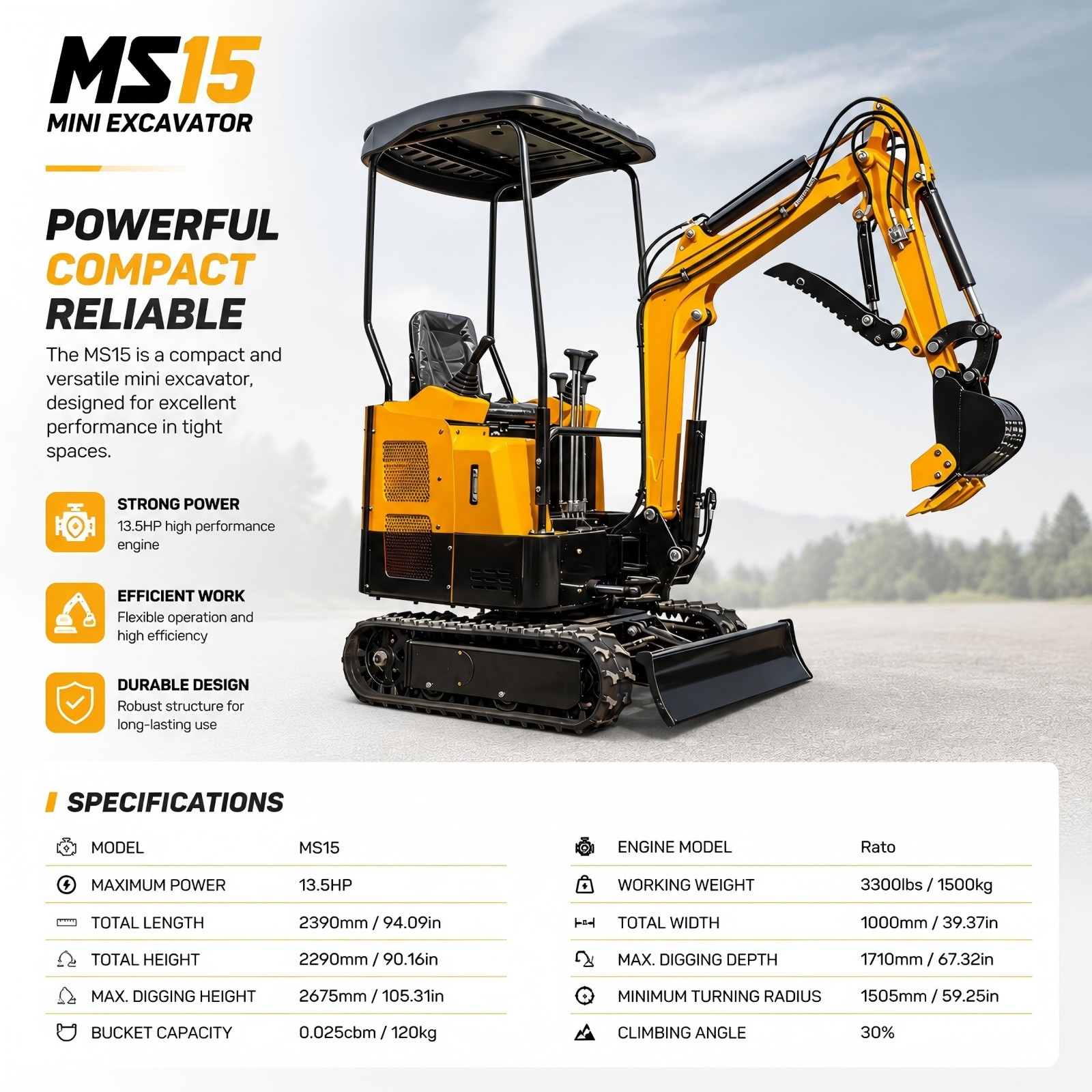 FREE SHIPPING 13.5HP Mini Excavator 1.5 Ton EPA Engine Hydraulic Thumb Digger