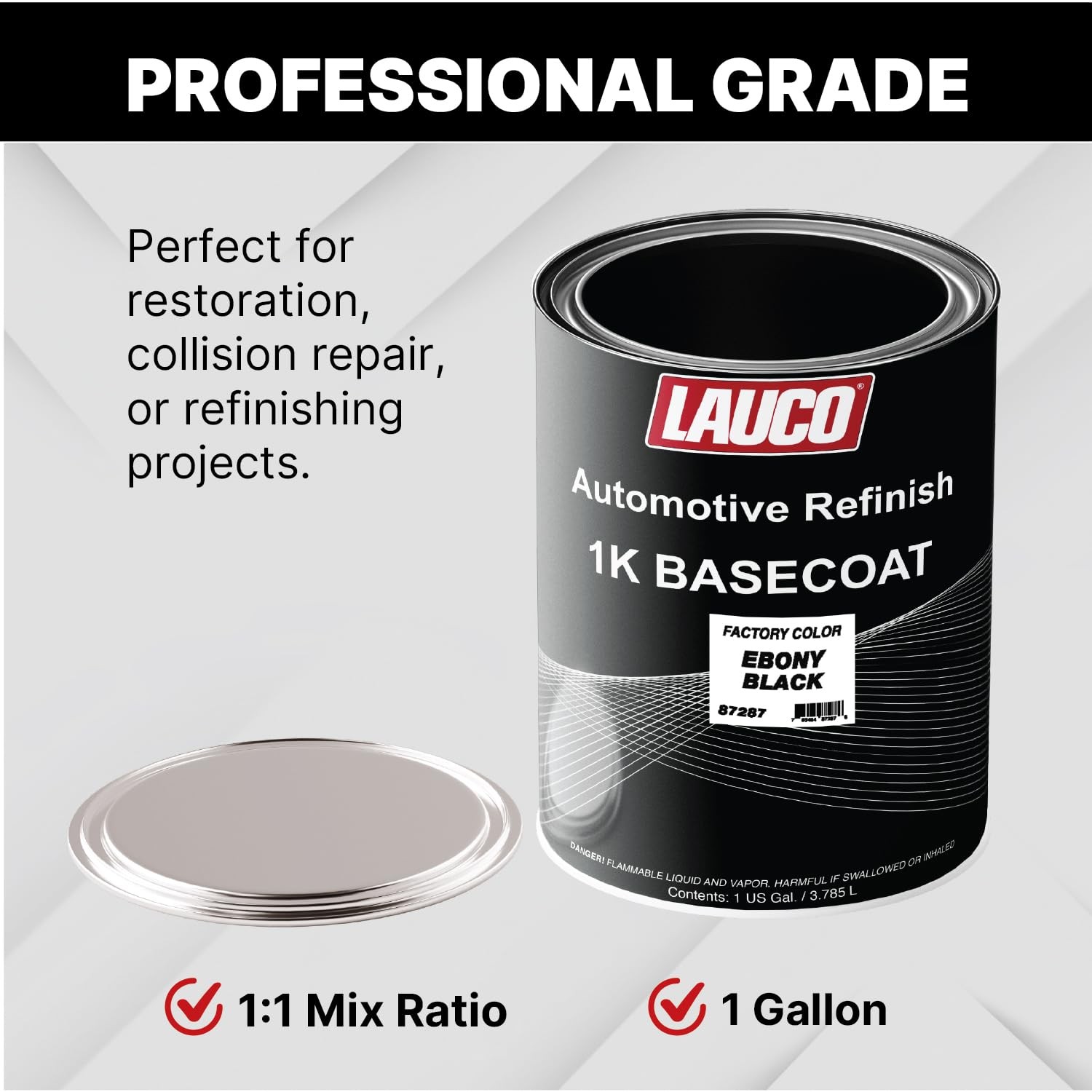 LAUCO 1K Basecoat Ebony Black Auto Paint – 1 Gallon – Spray Gun Ready – Gloss