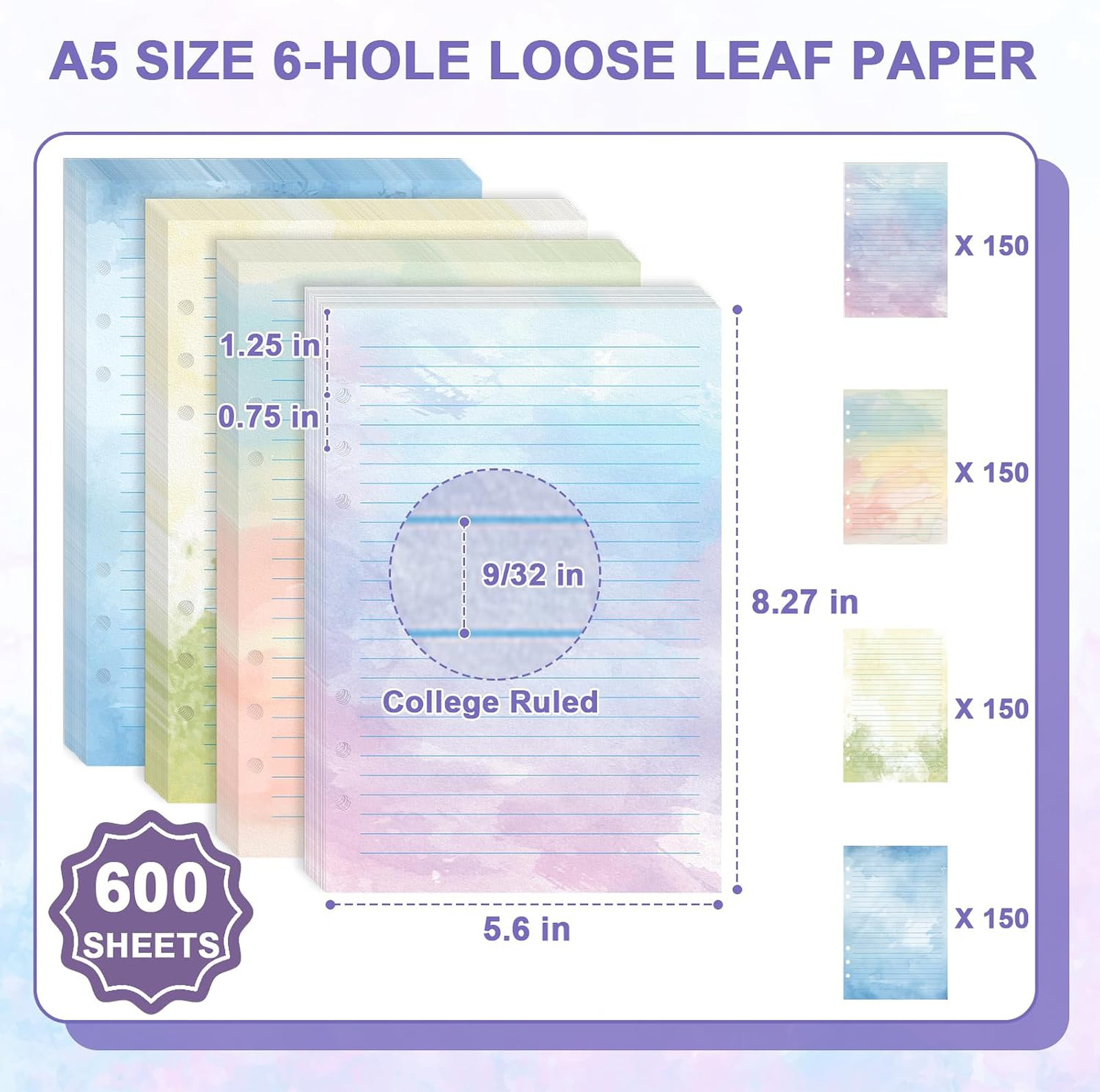 A5 Watercolor Refill Paper 600 Sheets 100GSM for Planner Notebook Loose Leaf