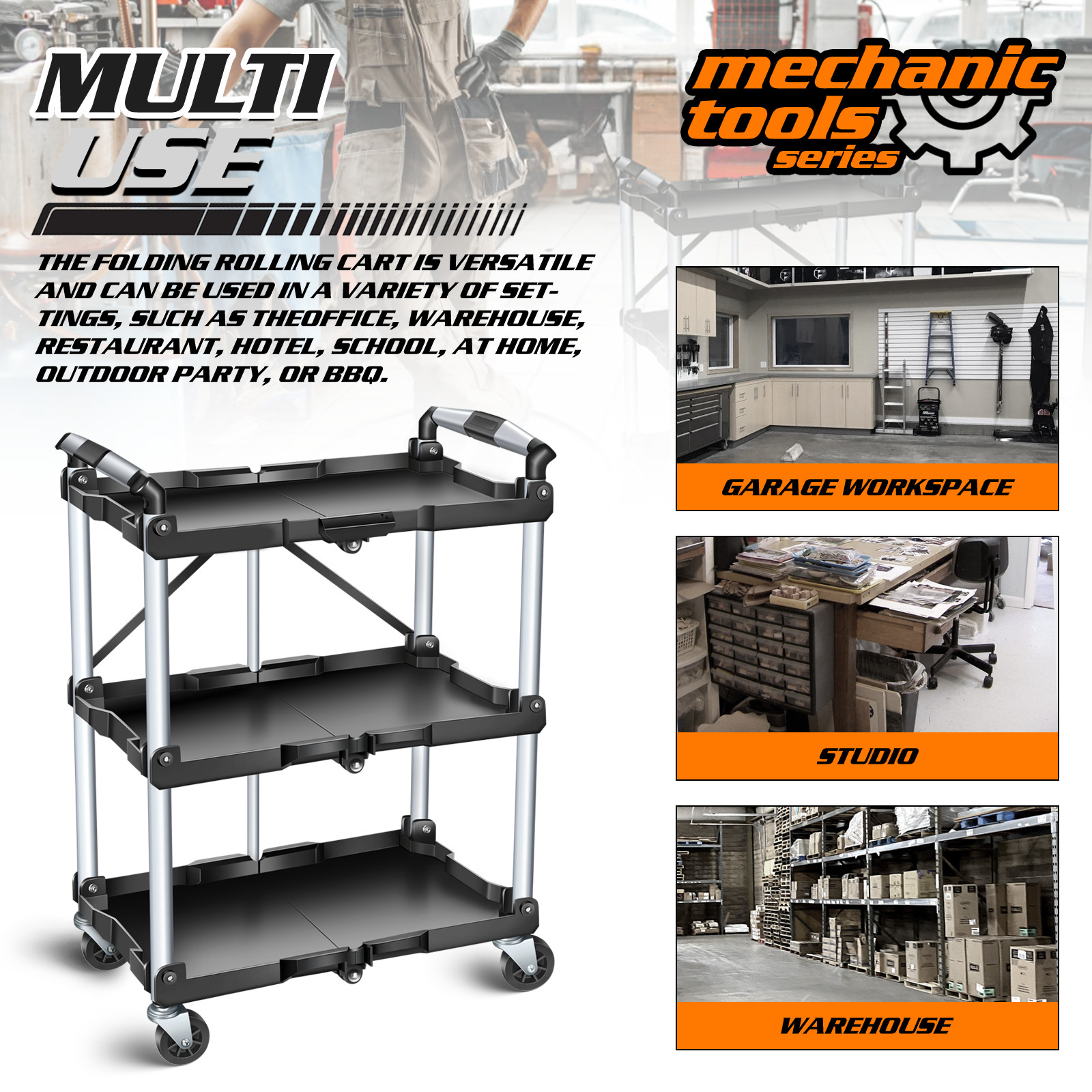 3 Tiers Rolling Tool Cart Workshop Tool Trolley Mobile Casters w/ Hanging Board