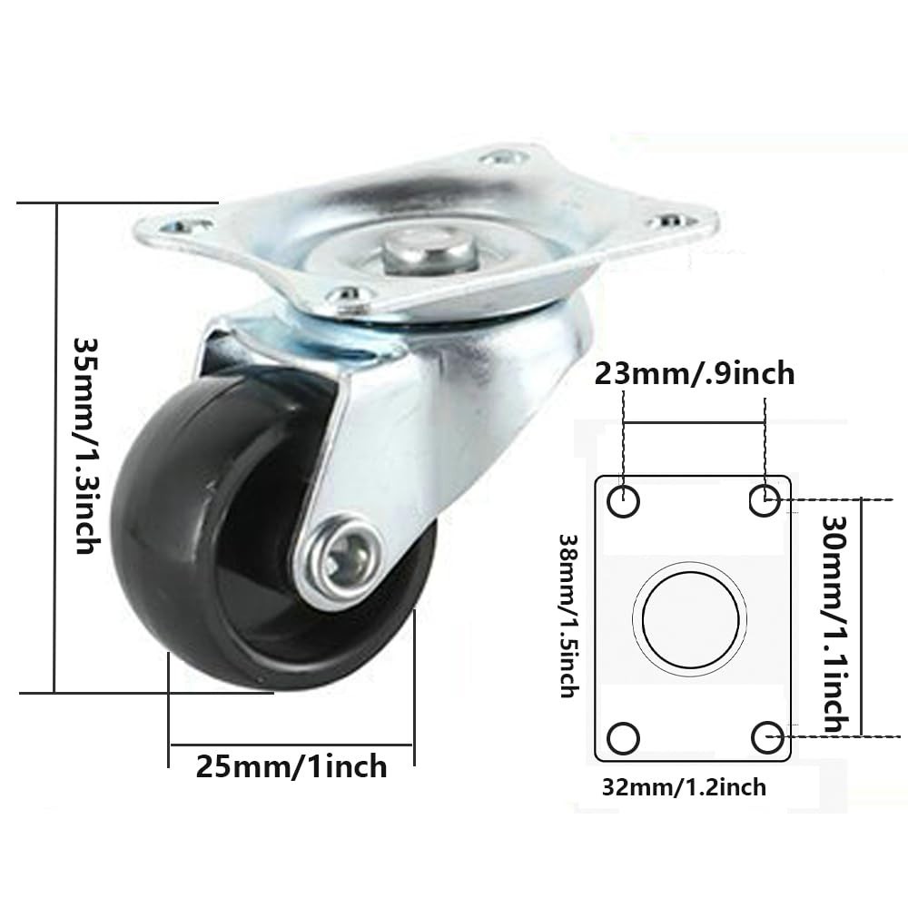 4 Pack Quiet 1″ Rubber Wheels with Plate Mount – Perfect for Trolleys & Carts