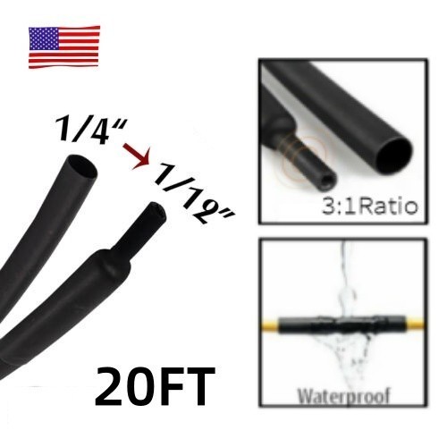 20ft Black Φ1/4″ (6.4mm) Heat Shrink Tubing 3:1 Dual Wall Adhesive Glue Lined US