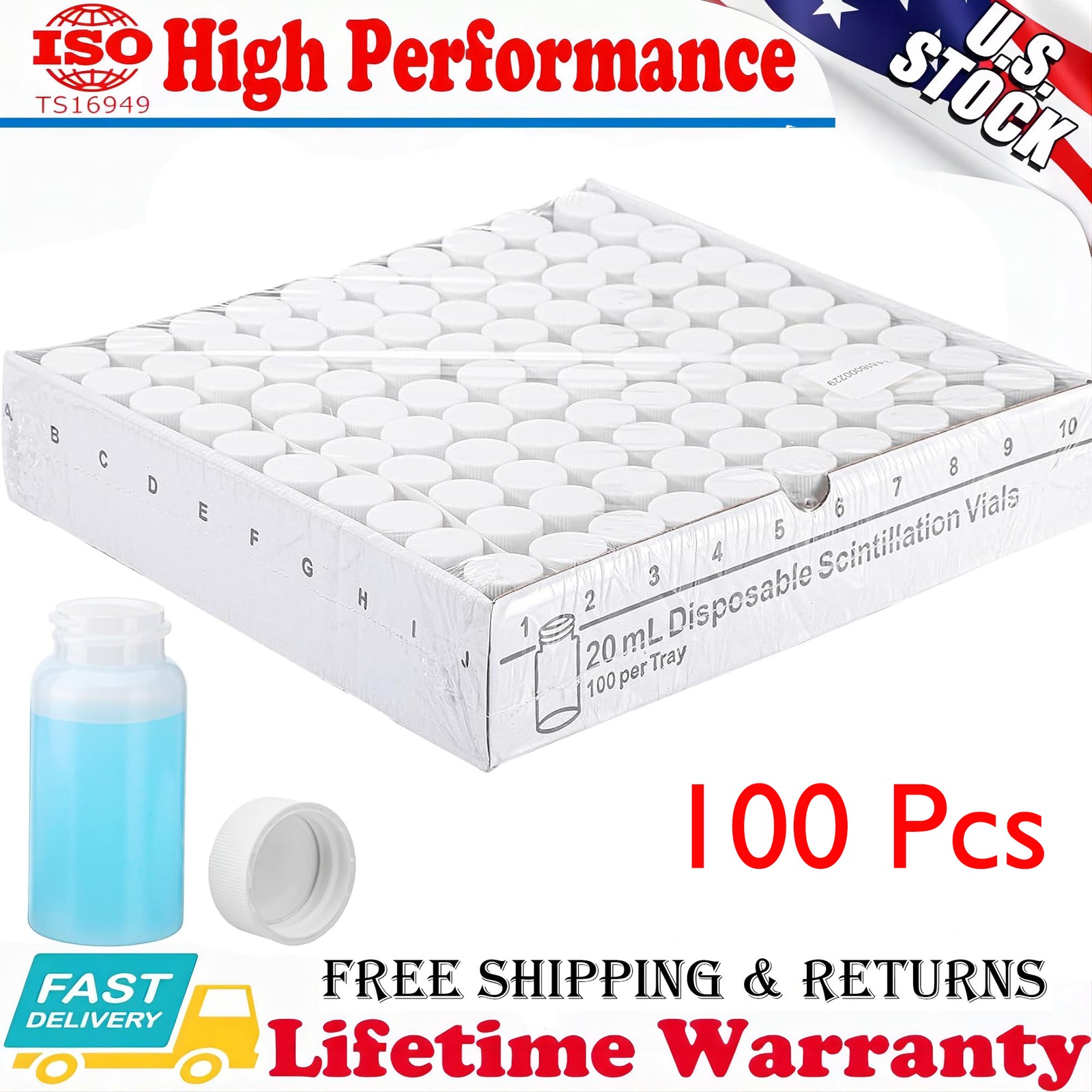 20mL Scintillation Vial HDPE Scintillation Vials w/22-400 White Screw Cap 100Pcs