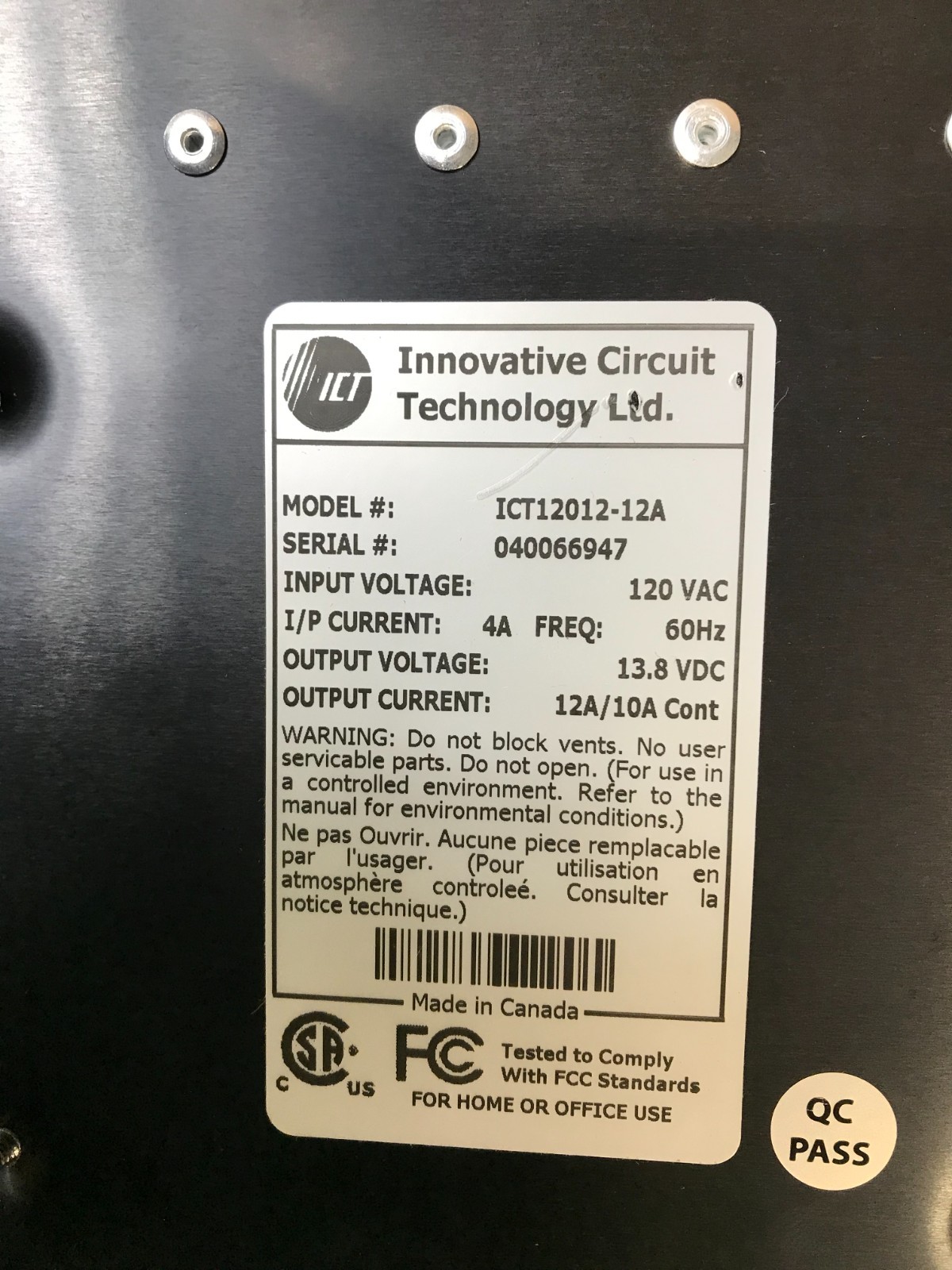 Innovative Circuit Technology ICT12012-12A 10A Continuous 12DC Power Supply*
