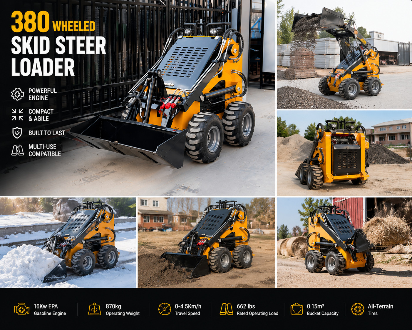 870kg Mini Skid Steer Loader MS380 23HP Dual Pump Wheeled Skid Steer Free Ship