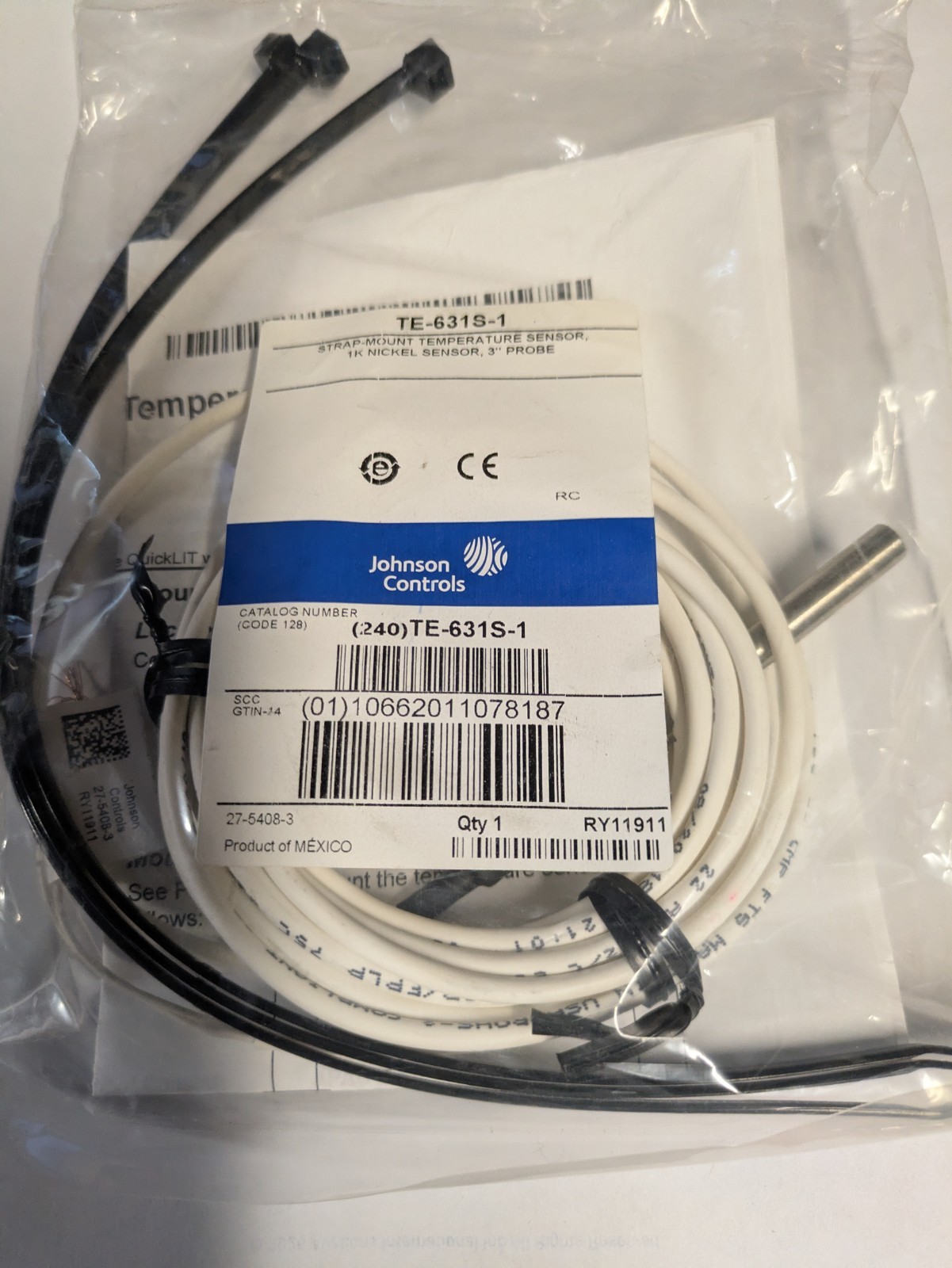 Johnson Controls Te-631S-1 Temperature Sensor, Nickel 1K Ohm, Strap Mount 3′