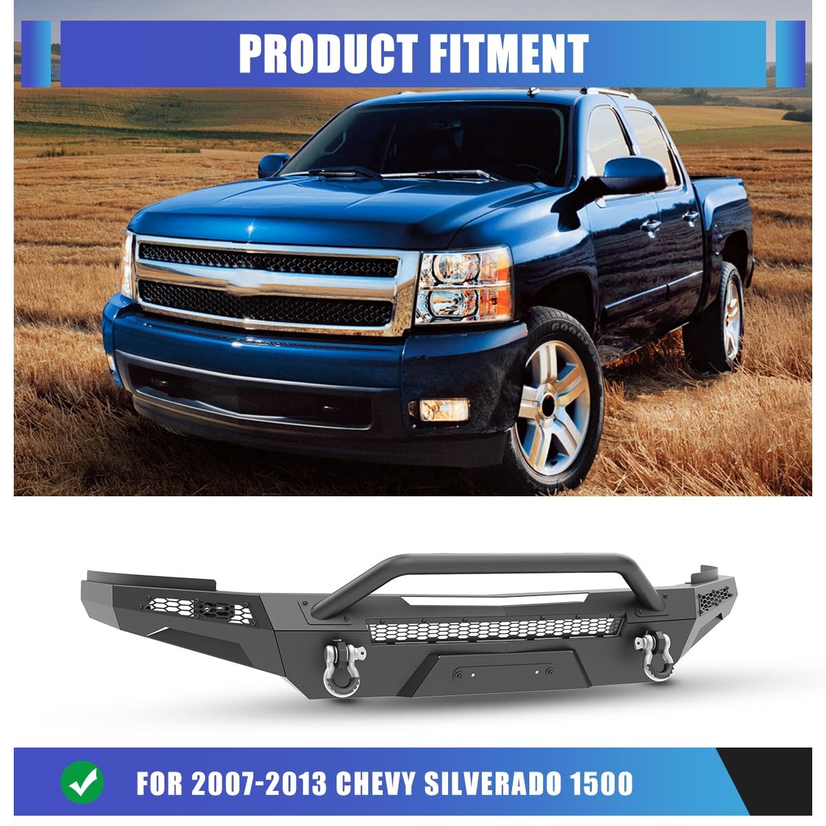Modular Front Bumper 2007-2013 Silverado 1500 w/Winch Bull Bar D-Rings Paintable