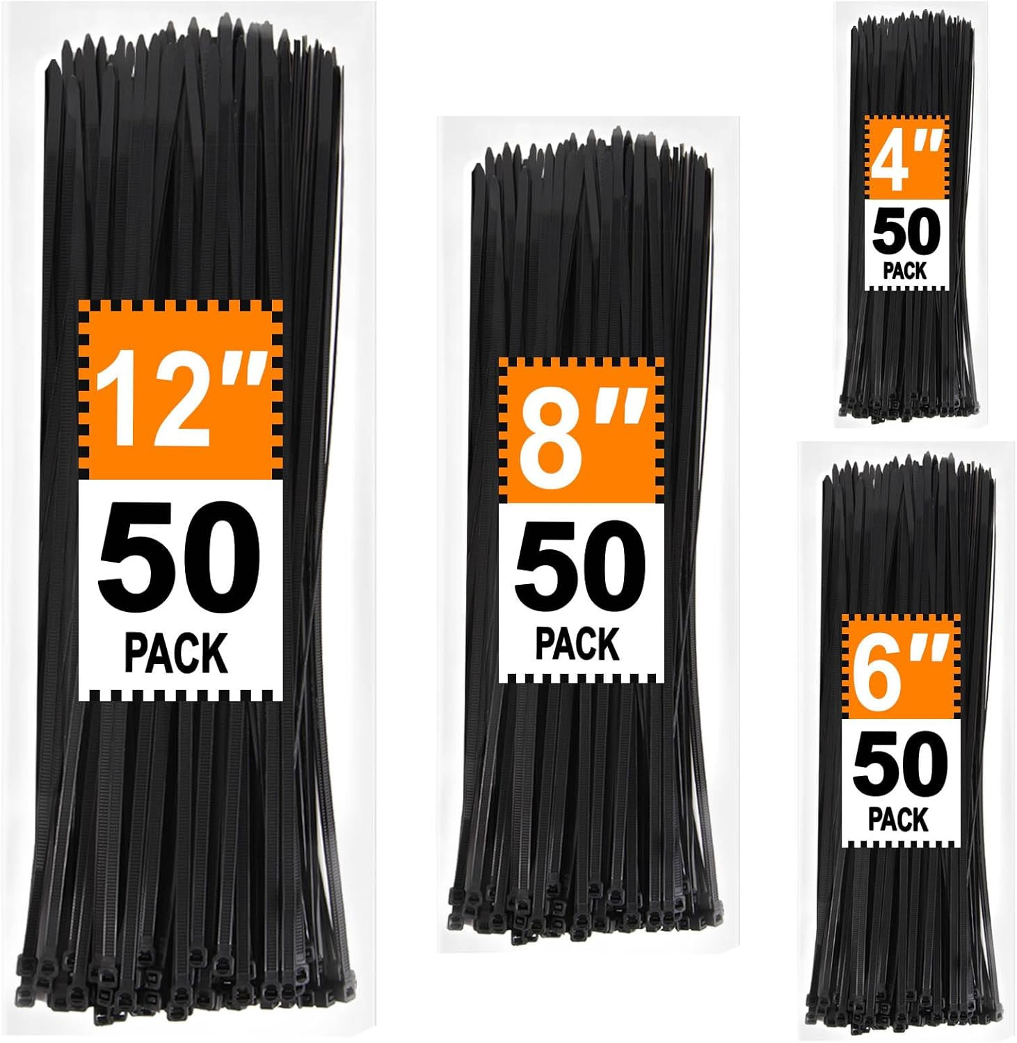Zip Ties Assorted Sizes 4+6+8+12 Inch, 200 Pack, Black Cable Ties, UV Resistant