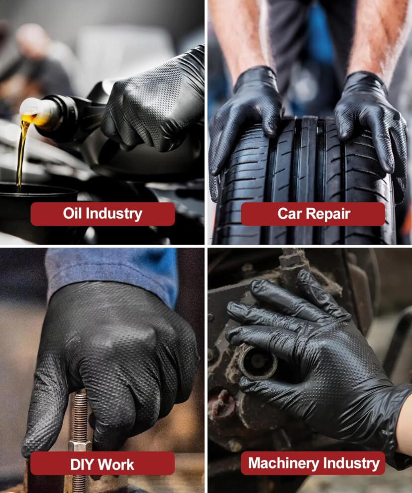 Heavy Duty 8 Mil Black Nitrile Disposable Gloves Raised Diamond Texture