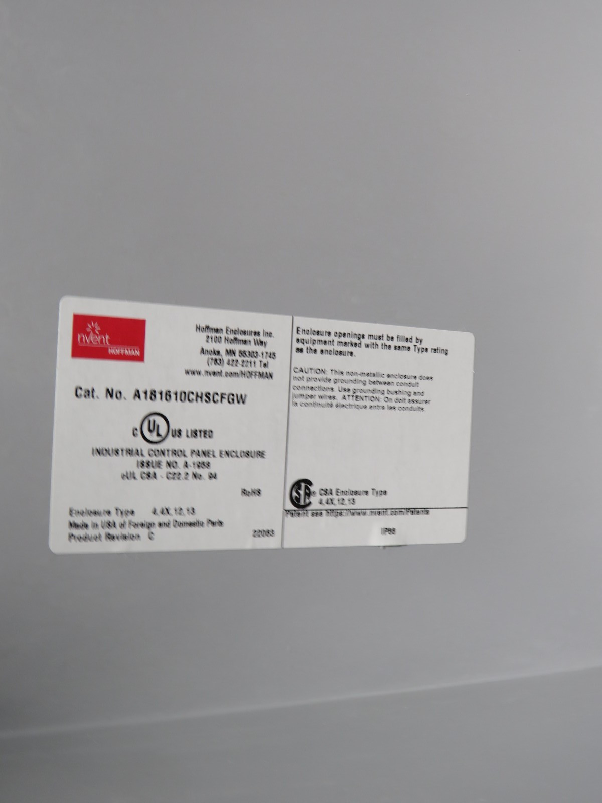 Hoffman A181610CHSCFGW Continuous Hinge Window Cover Enclosure 4X 18x16x10 [CTD]