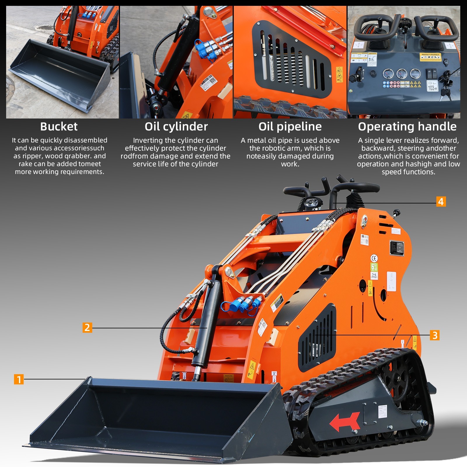24HP Mini Track Skid Steer Loader, RATO 2-Cylinder Engine, 3-Pump Hydraulic Syst