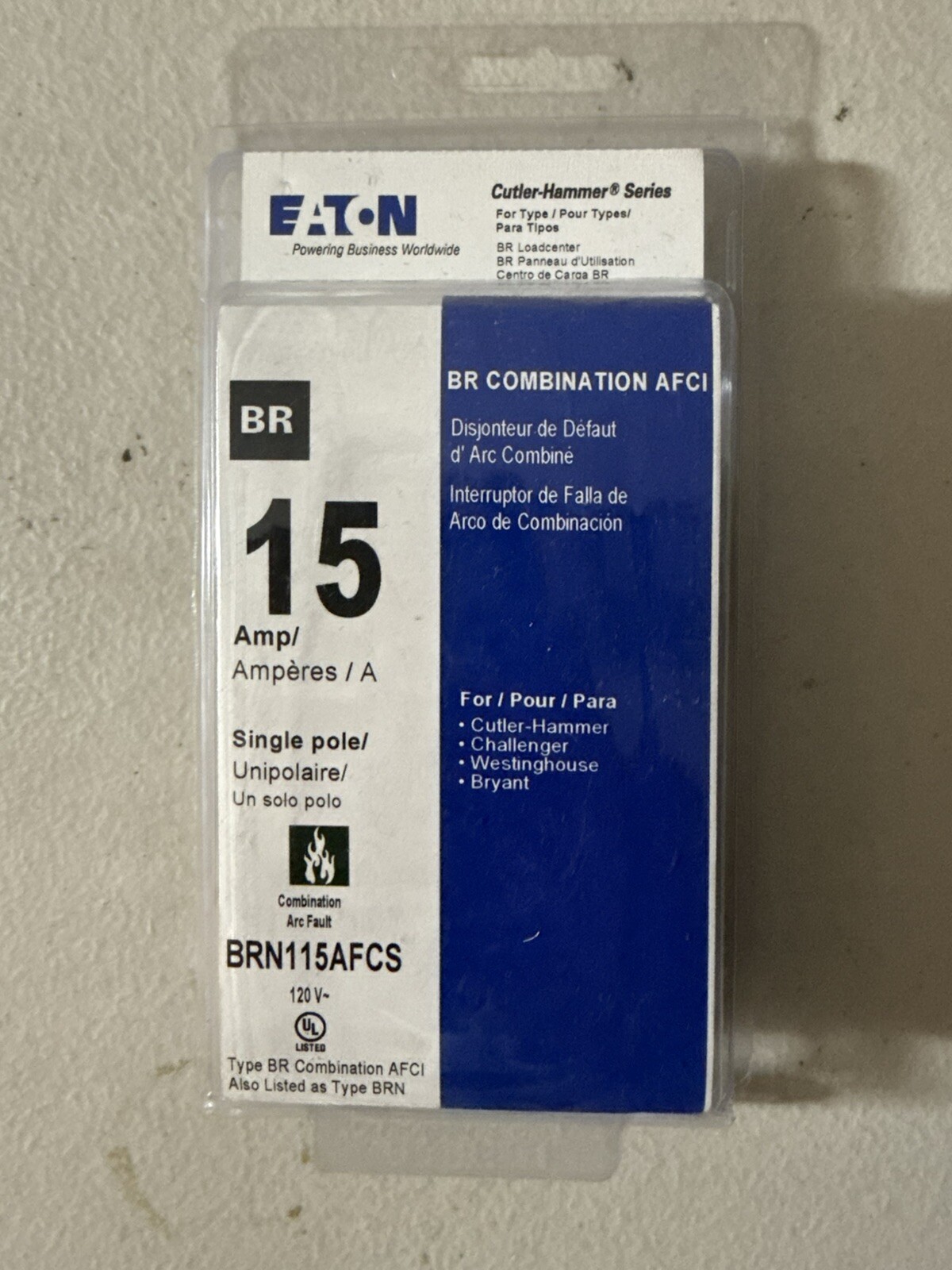 Eaton BRN115AF 15A 1P 120/240V 10 kAIC Combination AFCI Circuit Breaker