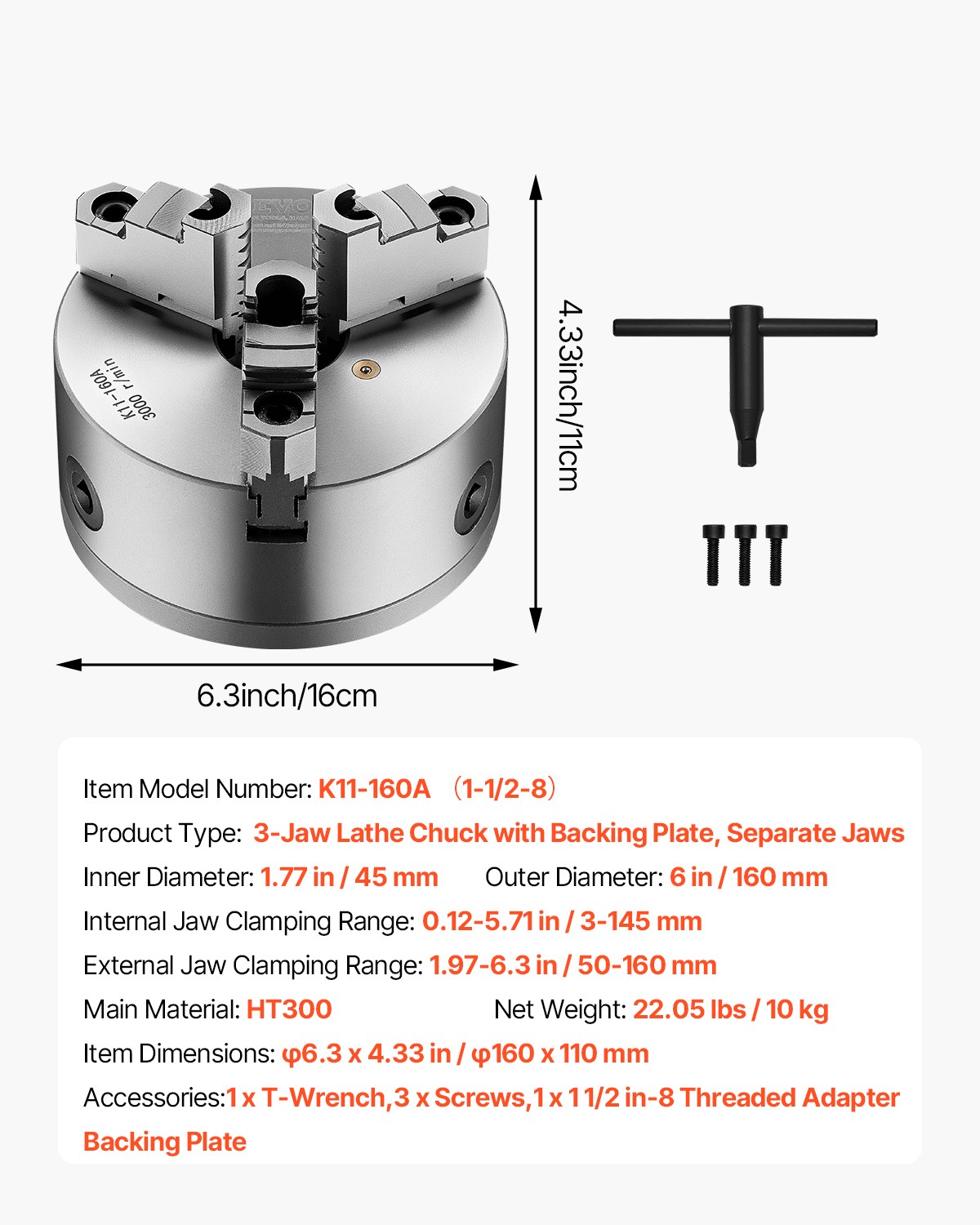 VEVOR 6 Inch 3-Jaw Self-Centering Lathe Chuck with 1 1/2 in-8 Threaded Backing