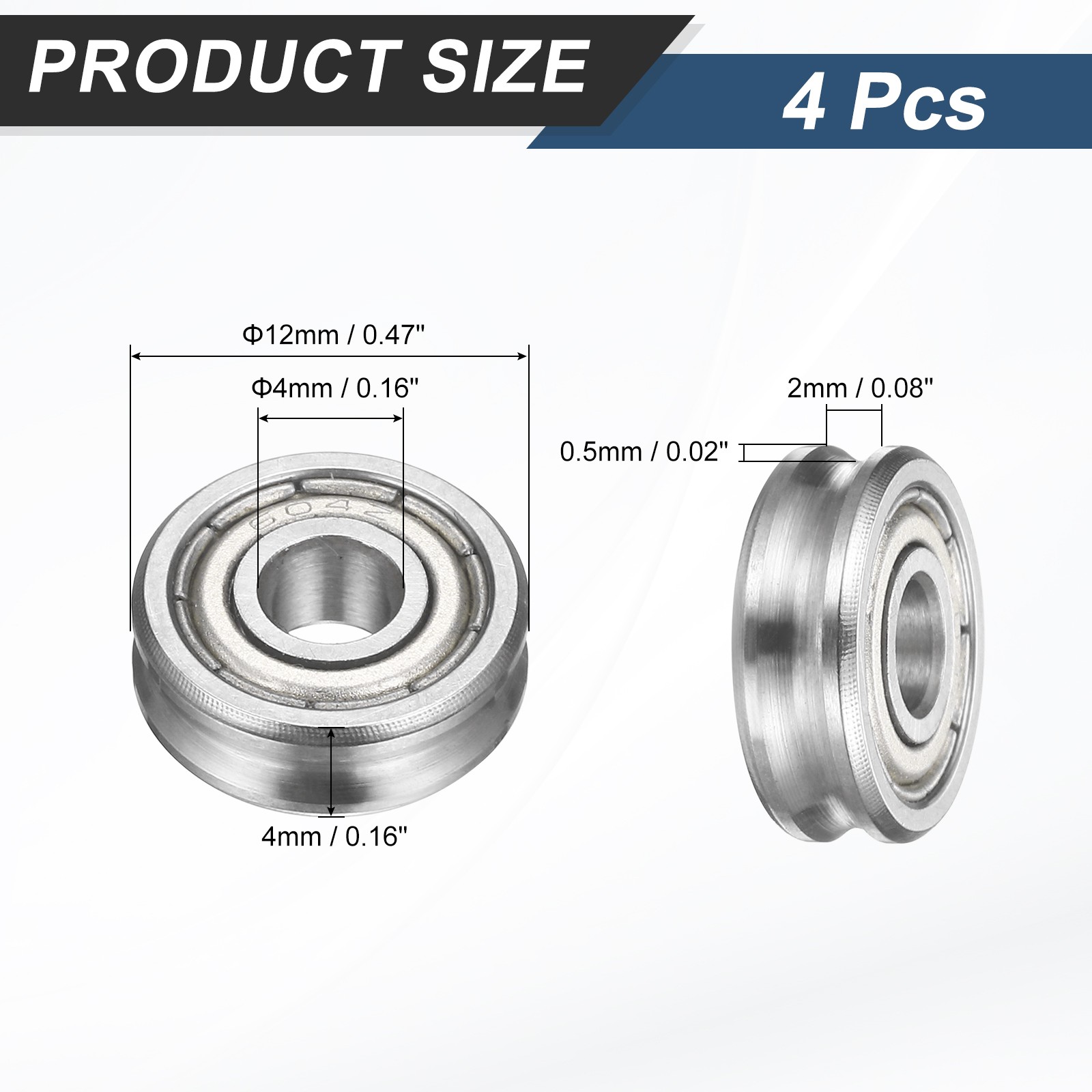 4Pcs U Groove Track Guide Bearing, 4x12x4x2mm Chrome Steel U Groove Roller