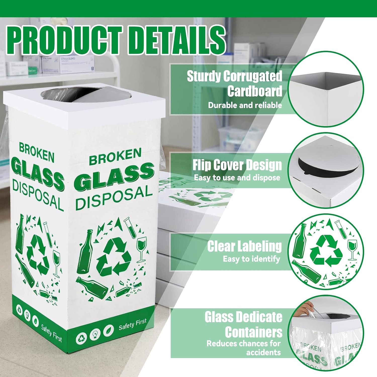 6 Pack Cardboard Glass Disposal Boxes – 12x12x27 Inch Trash Bins for Labs