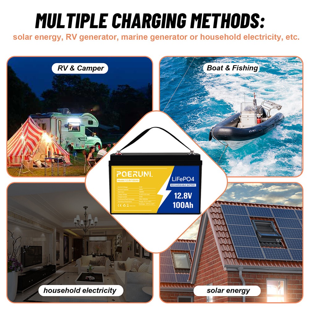 12V 100Ah LiFePO4 Lithium Battery Cycle Deep Built-in BMS for Solar RV Off-grid