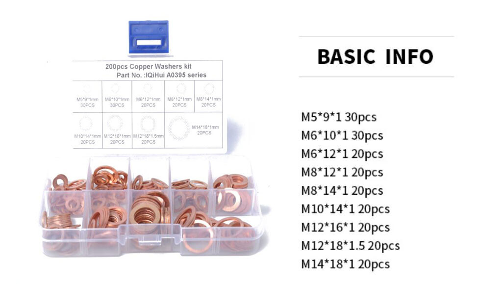 200PCS Solid Copper Crush Washer Gasket Set Flat O-Ring Seal Assortment Kits US