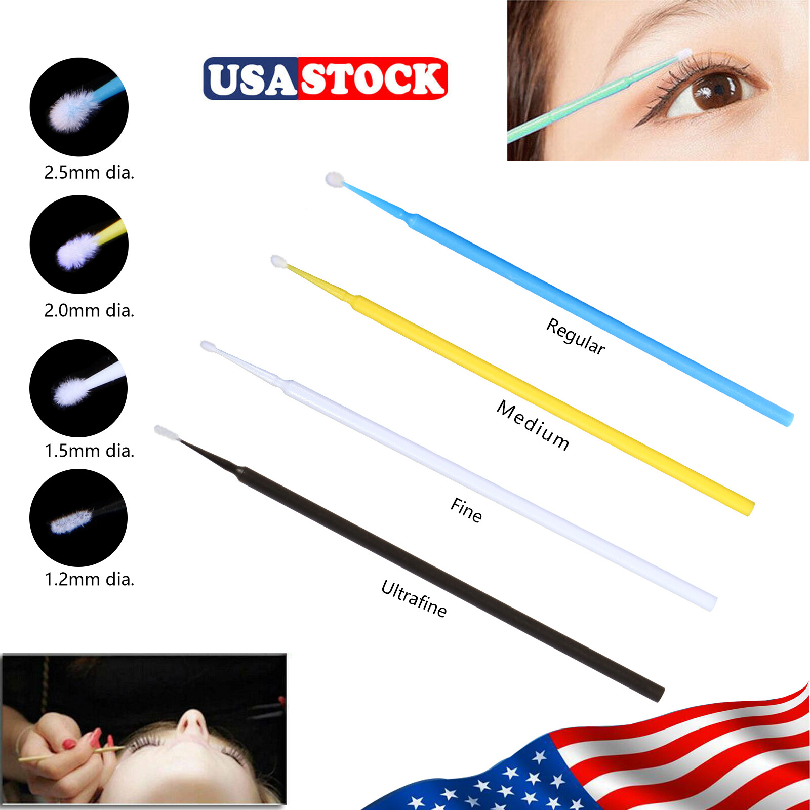 100-1000pcs Dental Disposable Micro Brush Tooth Applicators 1.2/1.5/2.0/2.5mm DL