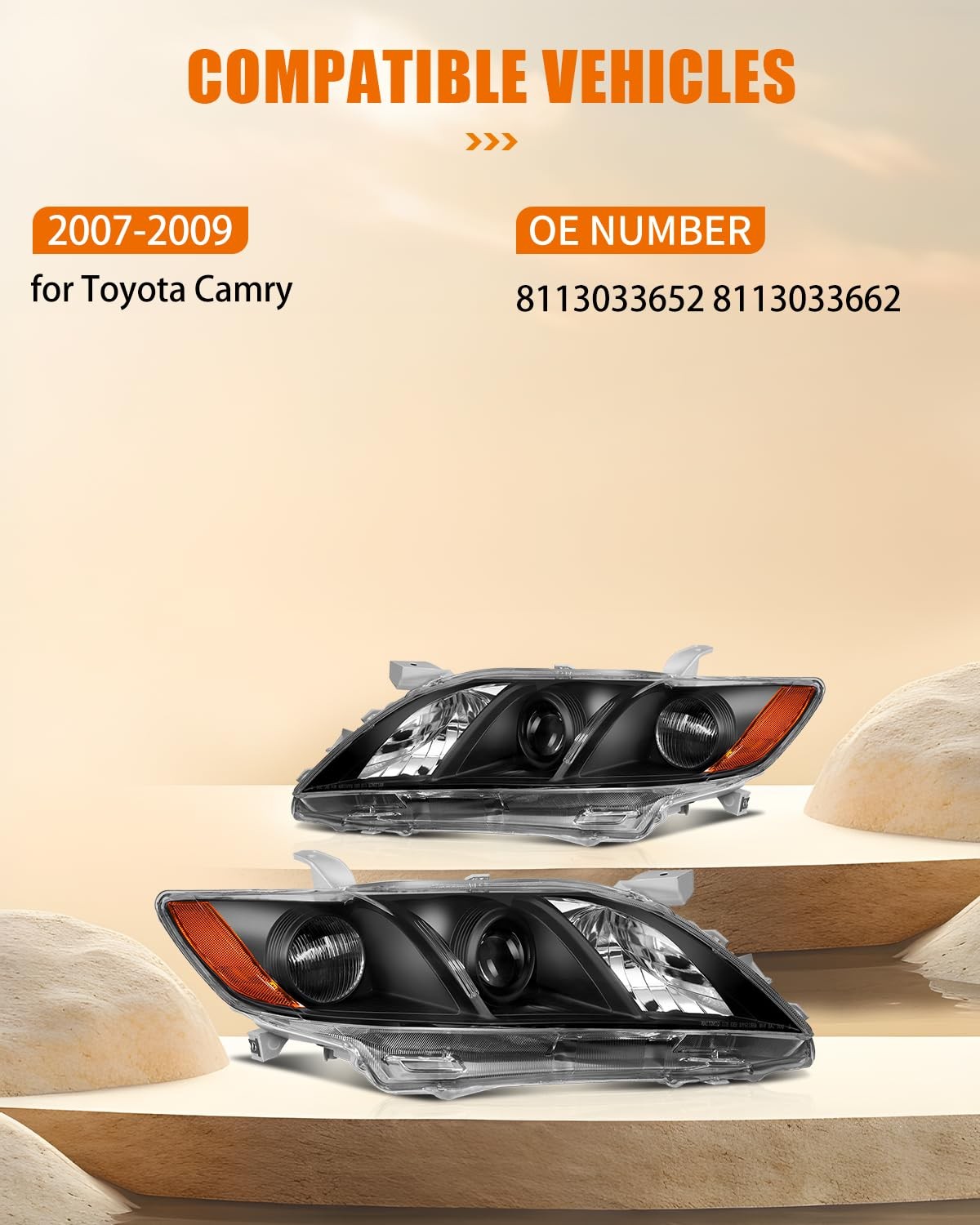 Toyota Camry 2007-09 Headlight Assembly Pair Black Housing Clear Lens 8113033652