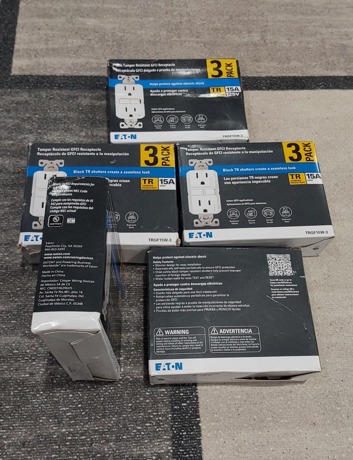 Eaton Tamper Resistant TRGF15W-3 15A/125V GFCI Recept 3-pack White LOT OF 5 NEW