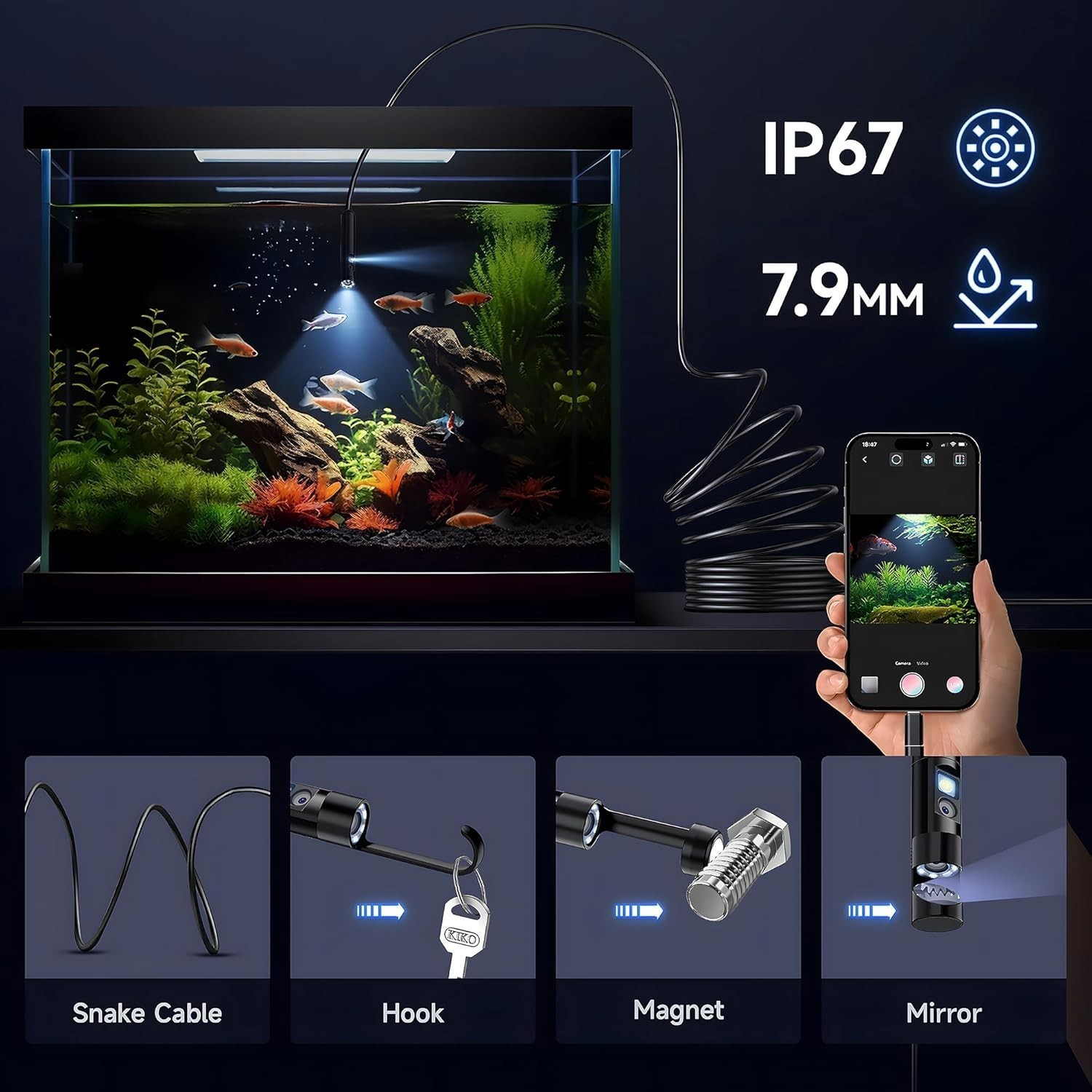 1920P HD Endoscope Borescope 8mm Inspection Snake Camera for iPhone Android iOS