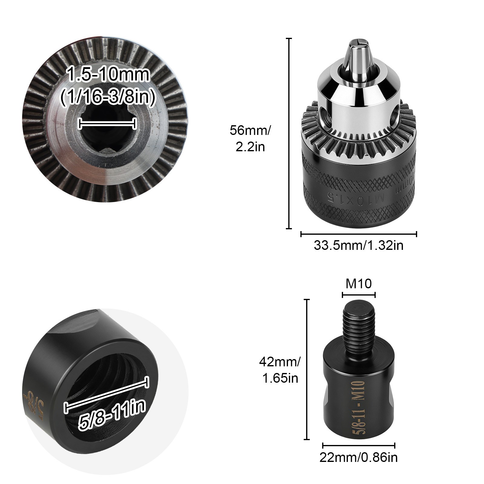 Angle Grinder Electric Drill Chuck Adapter 5/8″-11″ to M10 Keyed Chuck 1.5-10mm